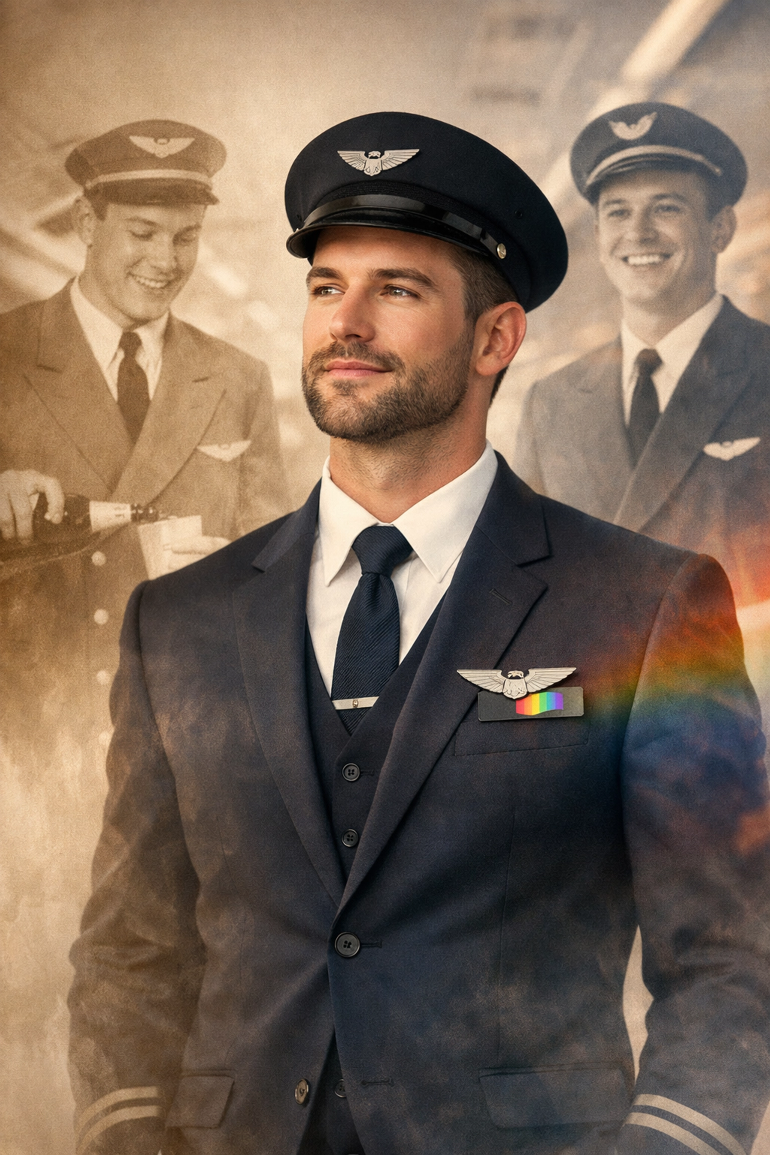 Modern gay flight attendant with vintage 1950s stewards overlay showing LGBTQ+ aviation legacy and pride