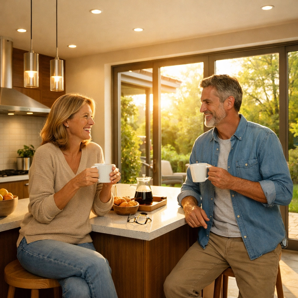 A couple in a modern energy-efficient kitchen after completing a green remortgage for their property.
