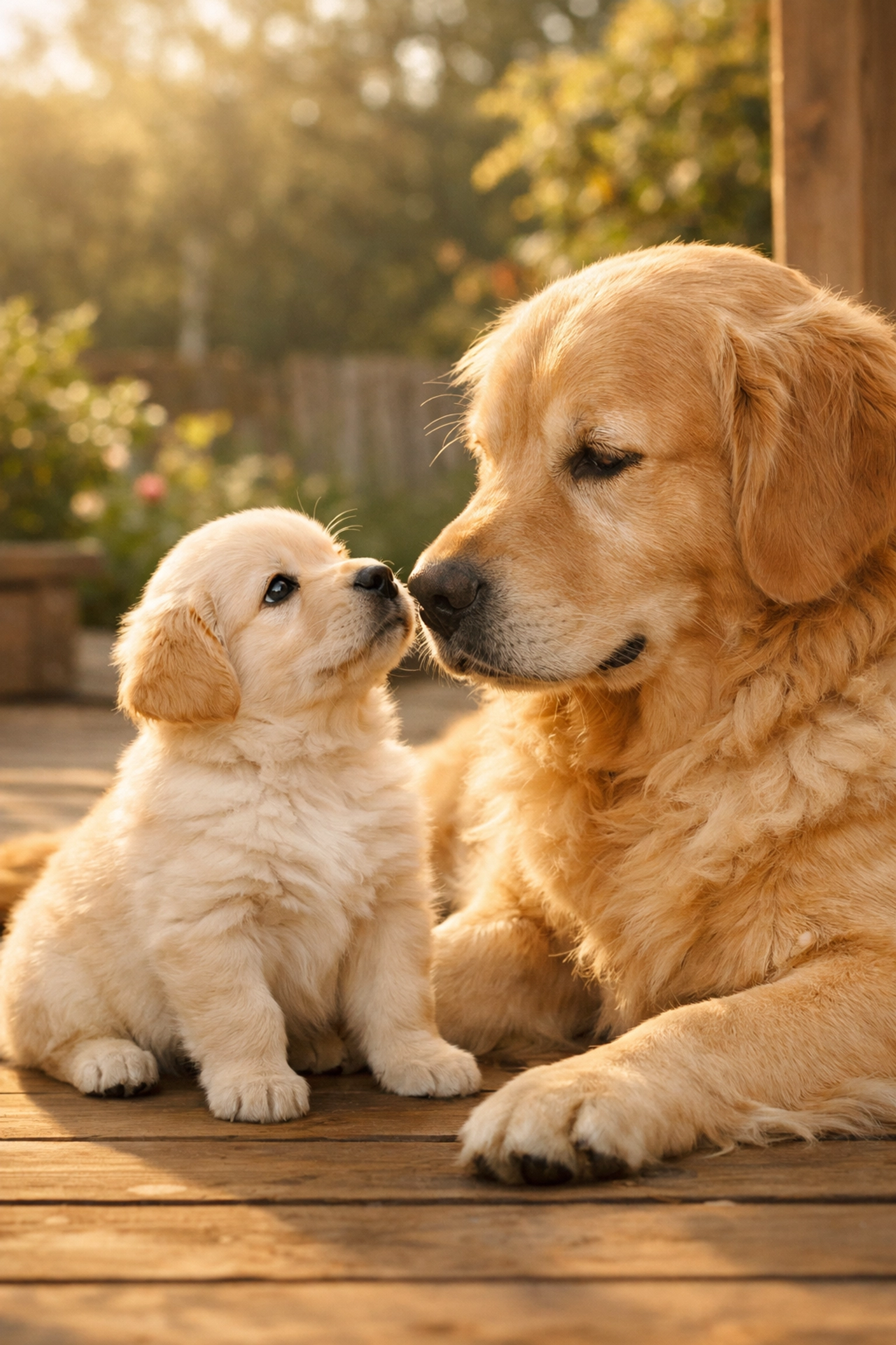 Golden Retriever puppy learning from adult dog through social facilitation in Oregon
