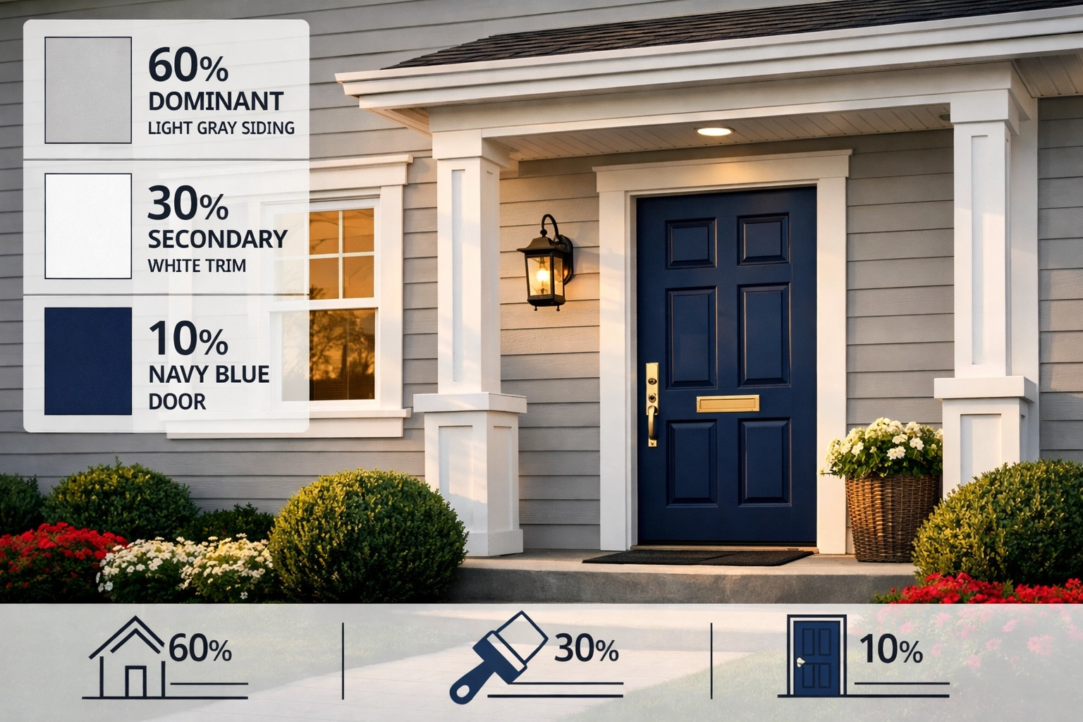 Modern home exterior with gray siding, white trim, and navy door demonstrating 60-30-10 color rule