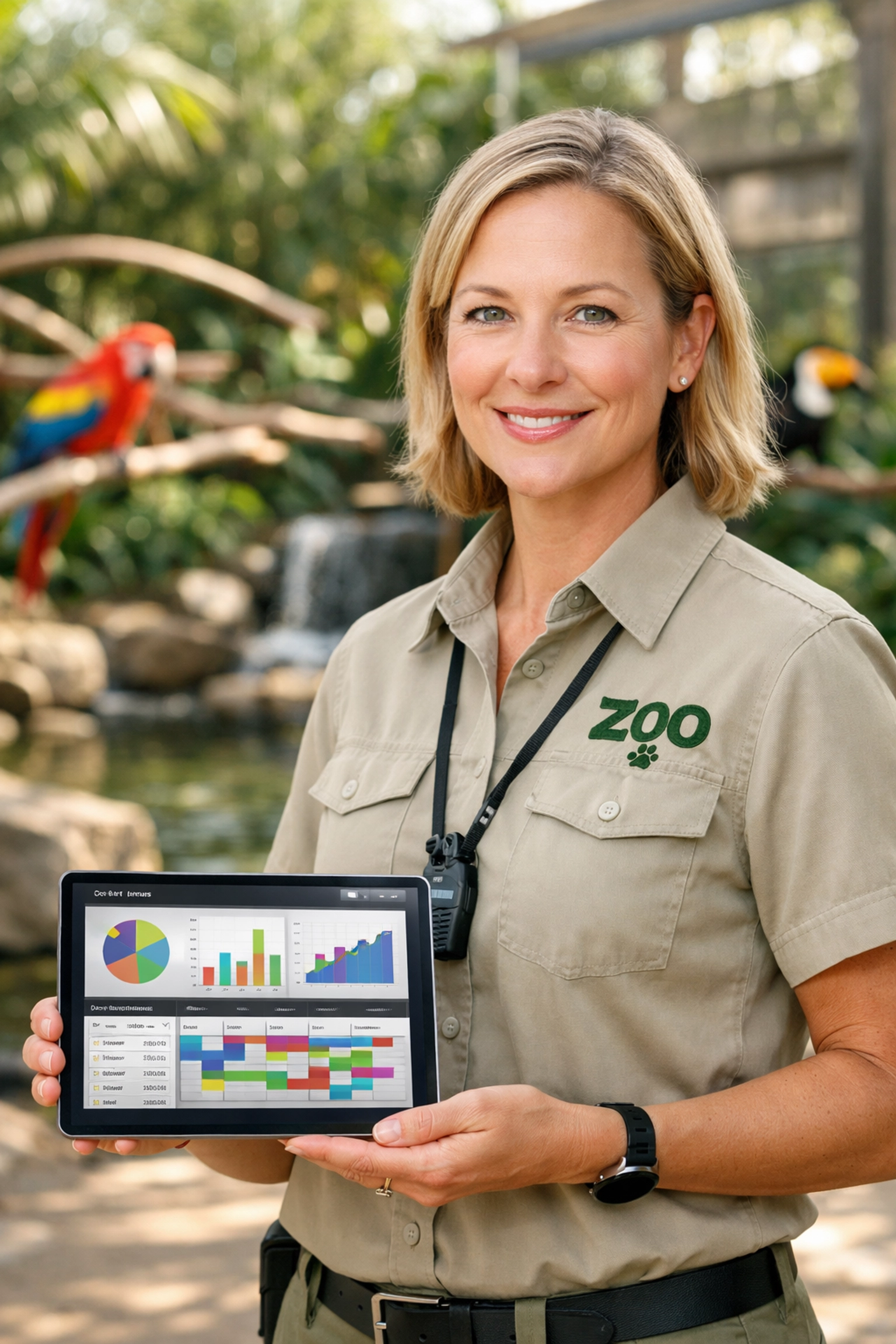 Zoo staff member using a digital tablet dashboard to manage operations near a bird habitat.