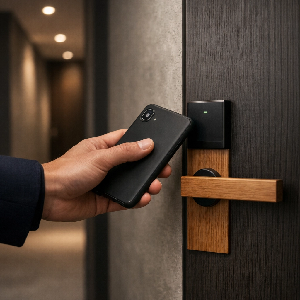 Guest using a digital room key on a smartphone to securely unlock a modern hotel door for a seamless stay.