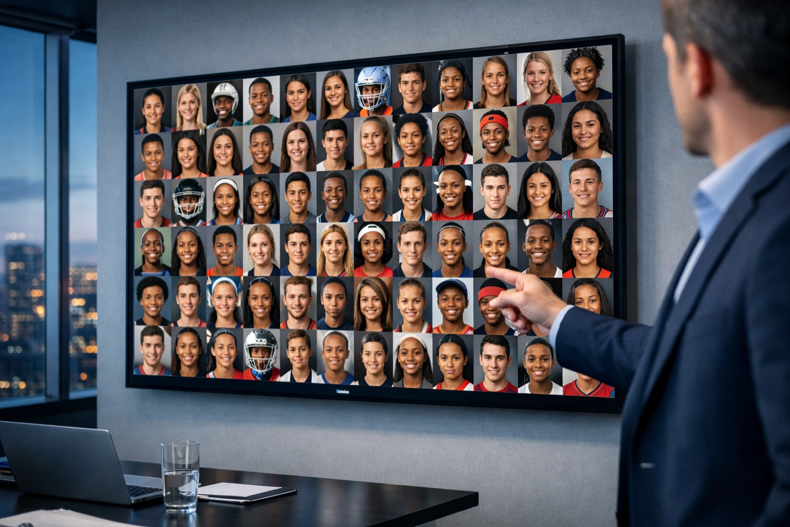 A professional media agency strategy monitor displaying a vast network of student-athletes for NIL campaigns.