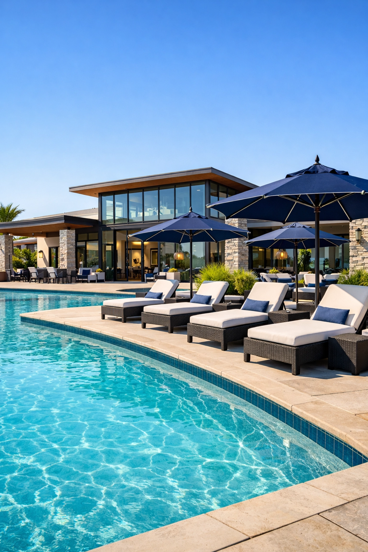 Resort-style outdoor pool and modern clubhouse at an active adult 55+ community in Monroe, New Jersey.