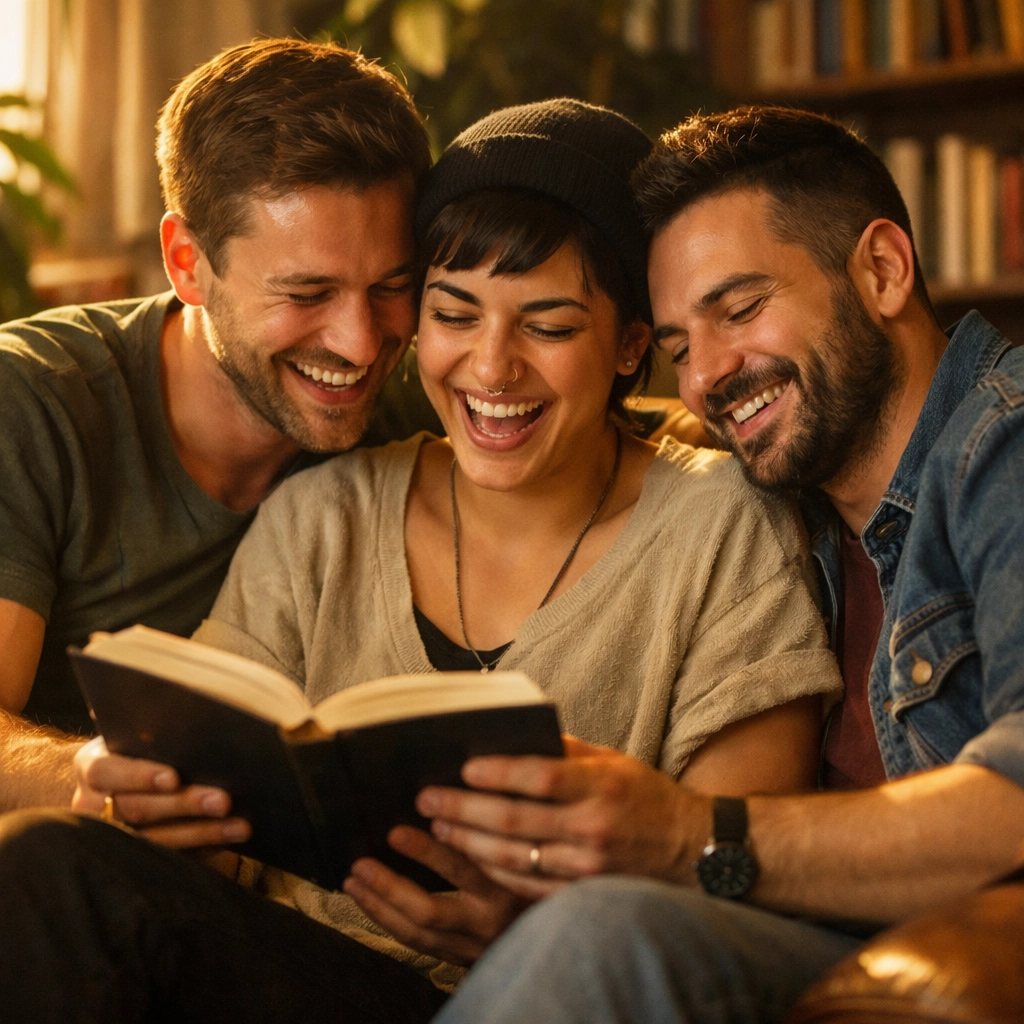 A gay couple and friend laughing on a sofa, illustrating the found family trope in queer fiction and community.