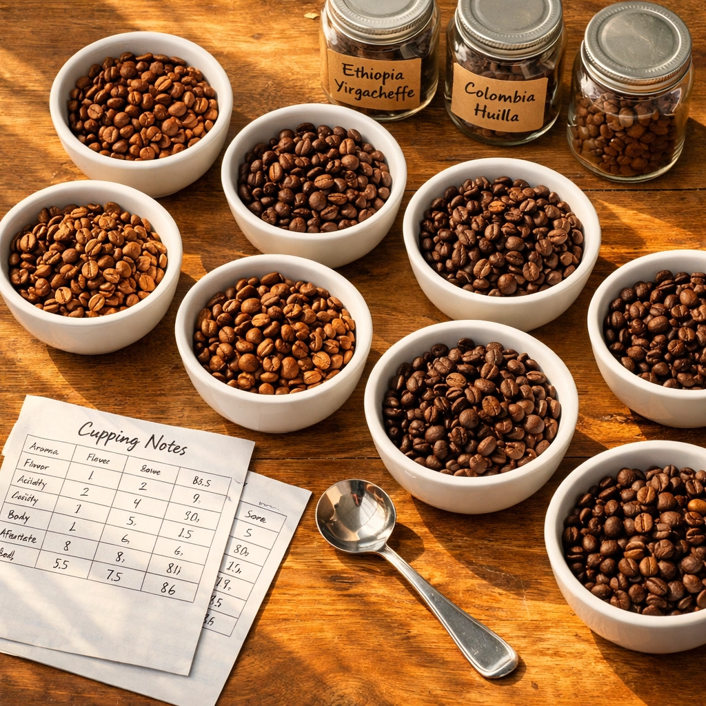 Specialty coffee cupping table with quality score sheets and origin-labeled beans for wholesale evaluation
