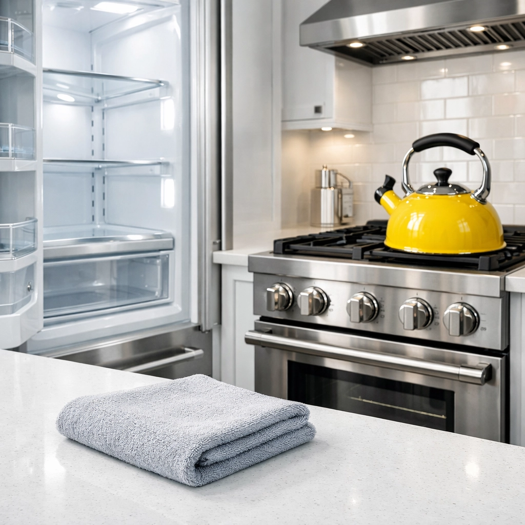 Detailed post construction cleaning of kitchen appliances and surfaces in a Southborough home.