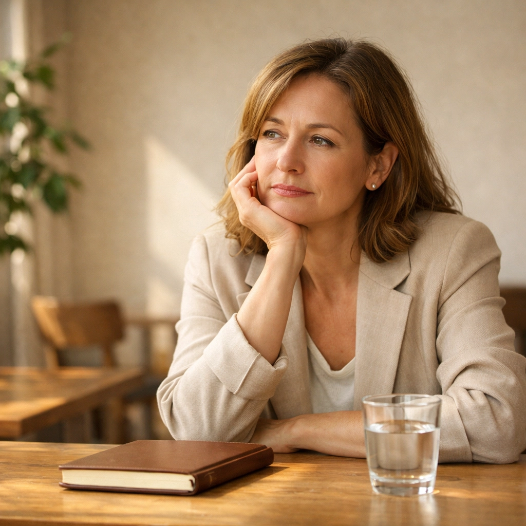 Professional woman in her 40s seeking perimenopause support for professionals after medical dismissal.