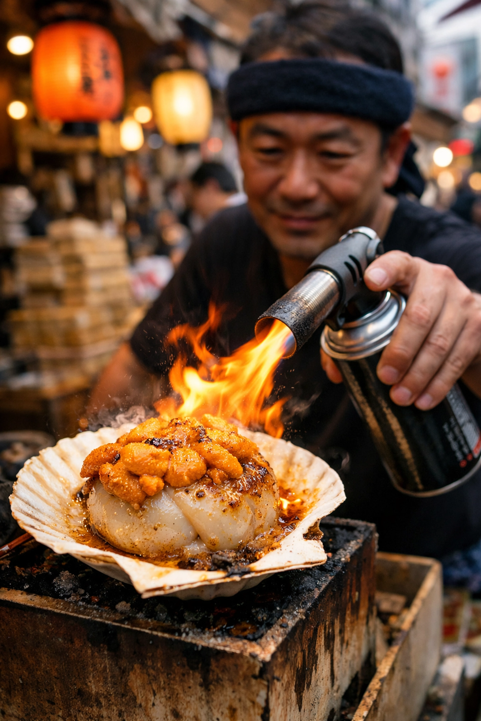 Vendor torch-searing scallop with uni at Tsukiji Outer Market street food stall on a food tour