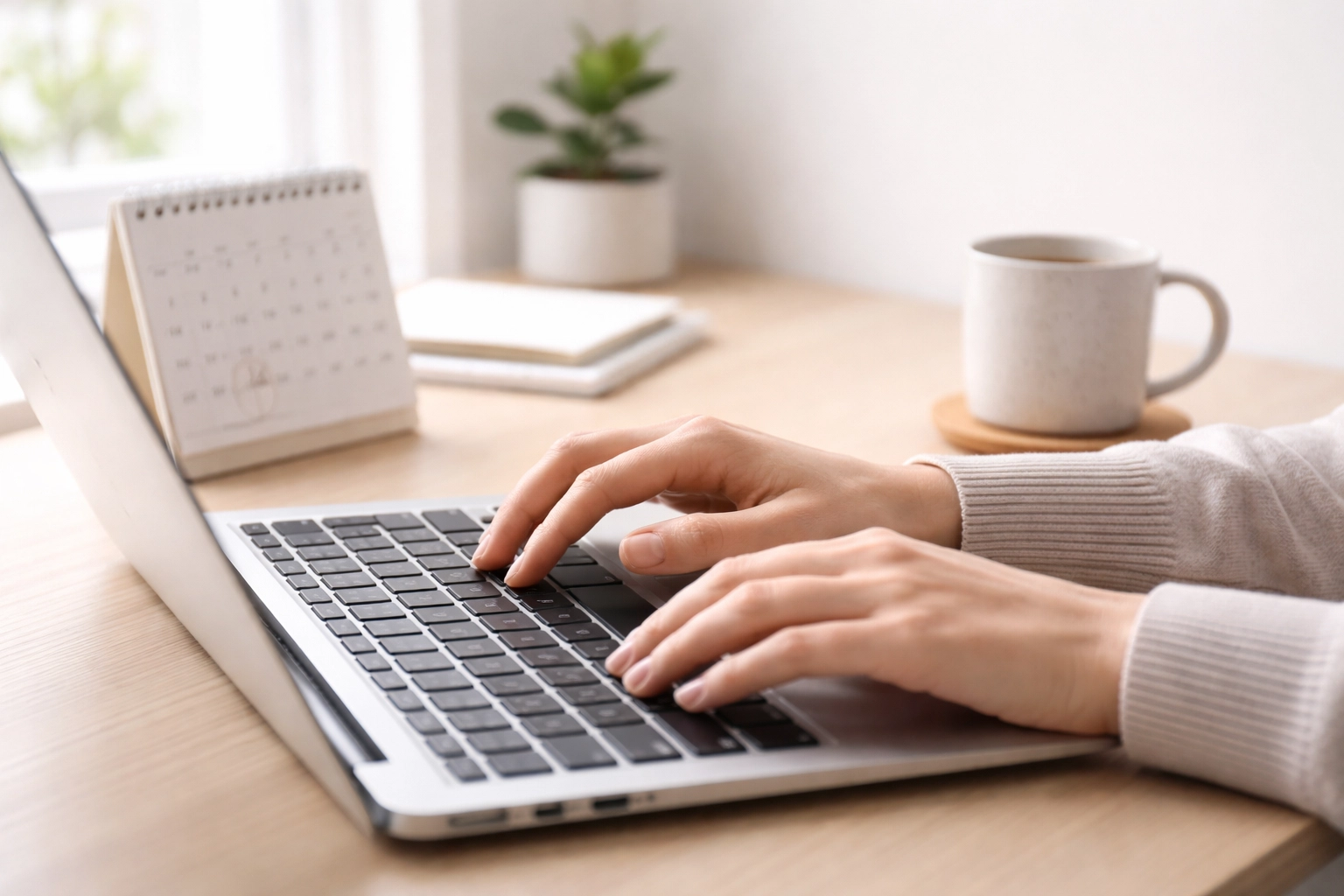 Hands typing on laptop in bright office, showing online tax preparation course and remote learning