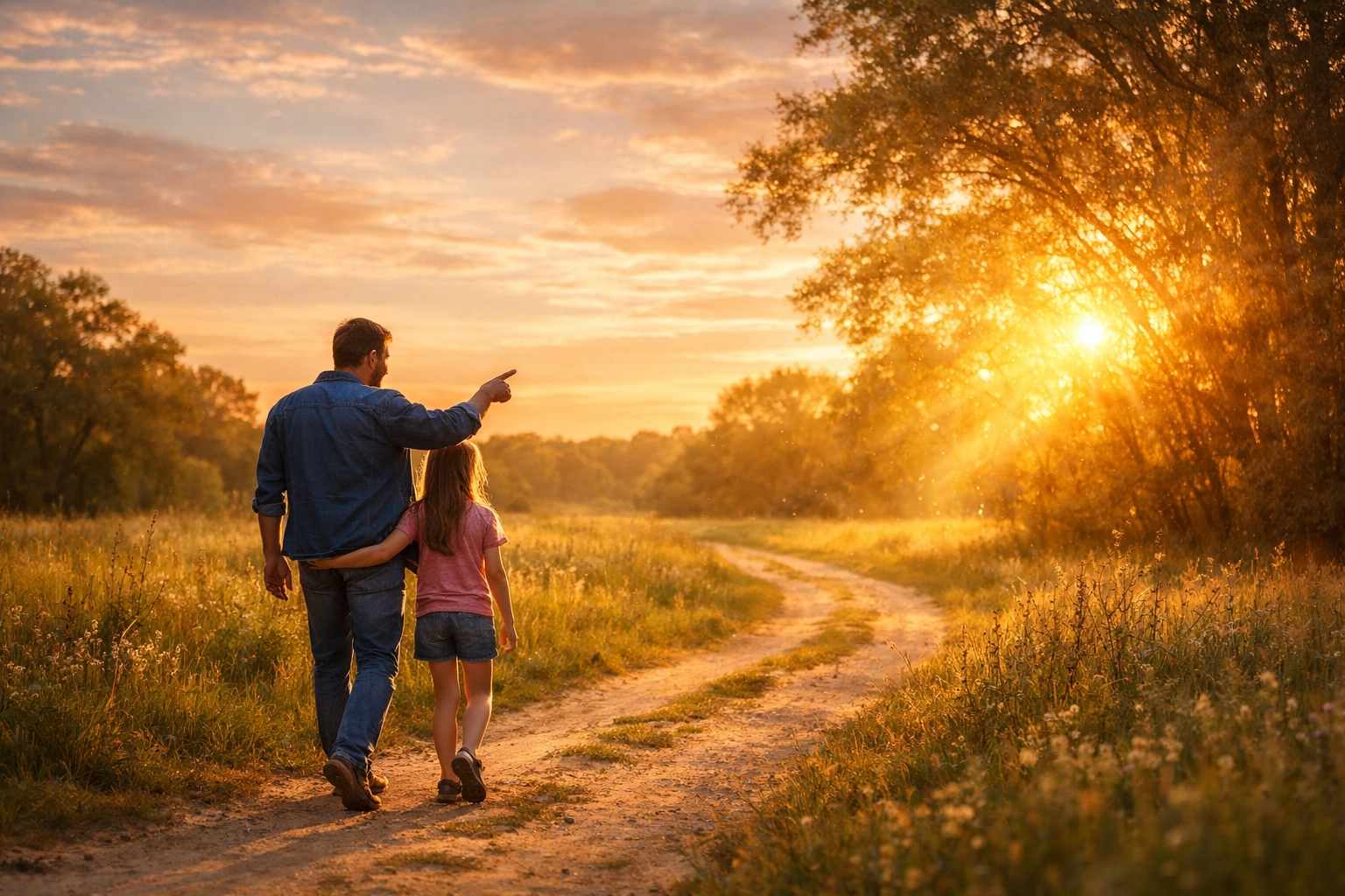 Father and daughter walking in a meadow, illustrating spiritual formation and Deuteronomy 6:7.