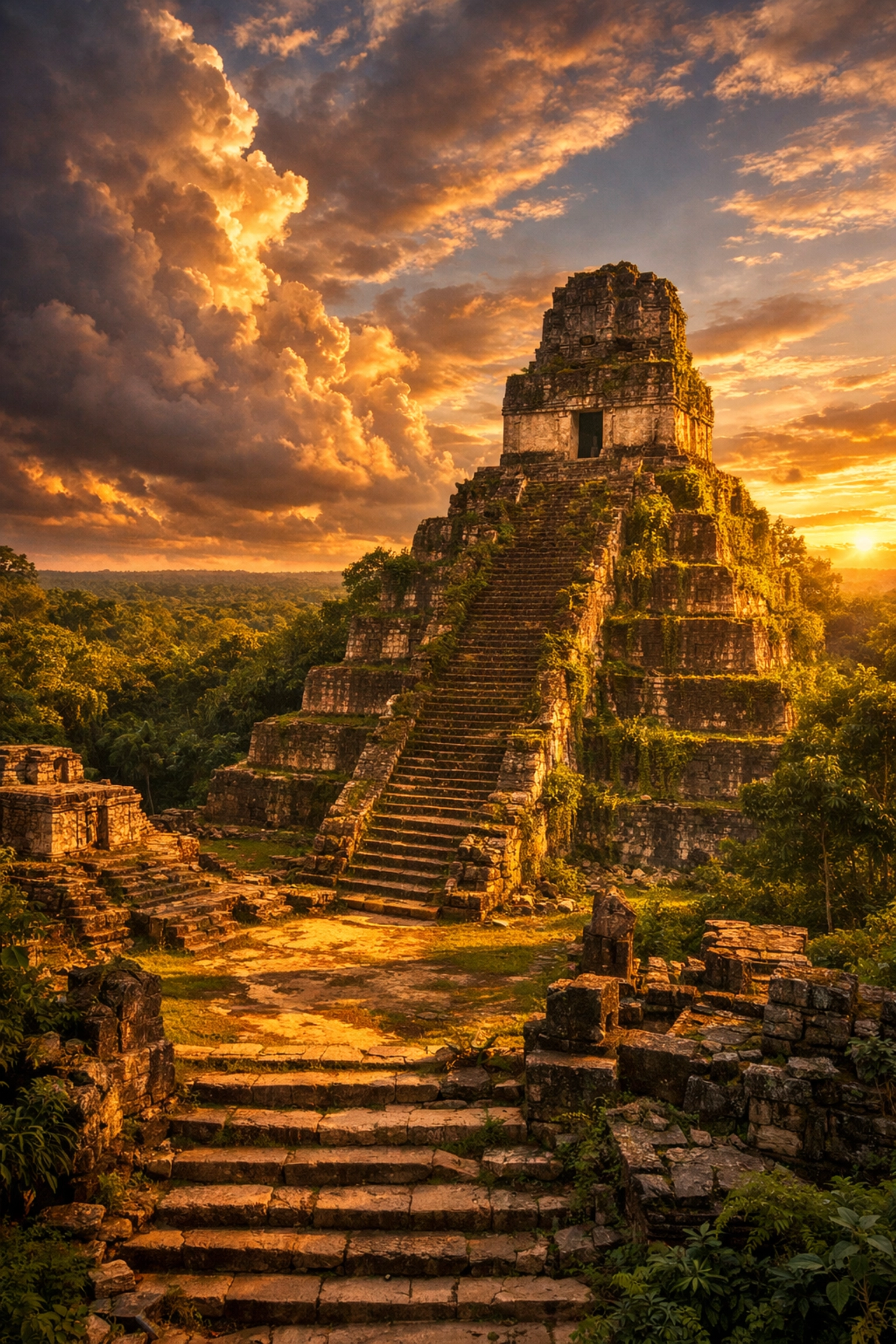 Ancient Maya temple ruins in Belize jungle for student educational exploration