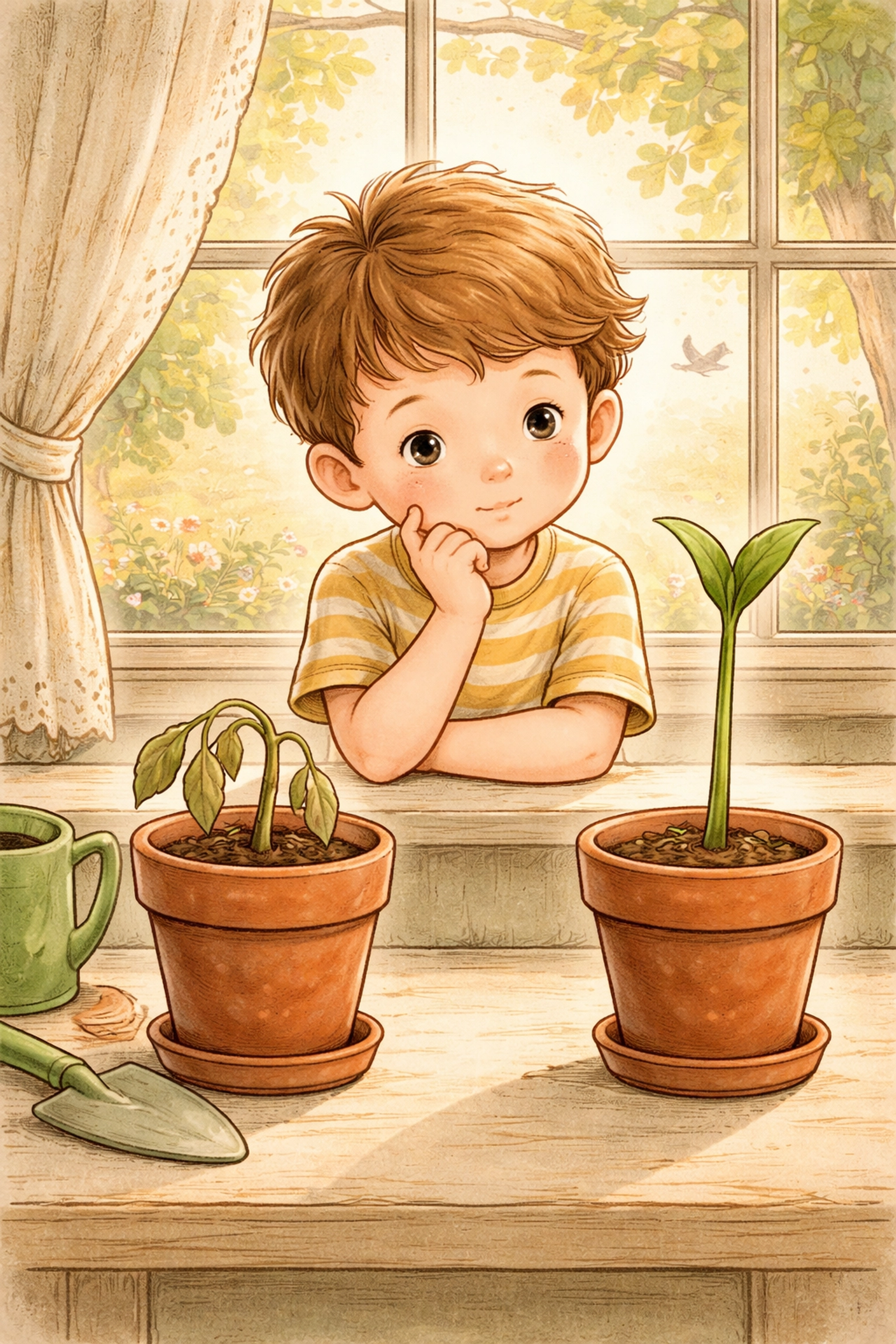 A child compares a wilted plant and a thriving green sprout on a windowsill, learning about plant care responsibility.