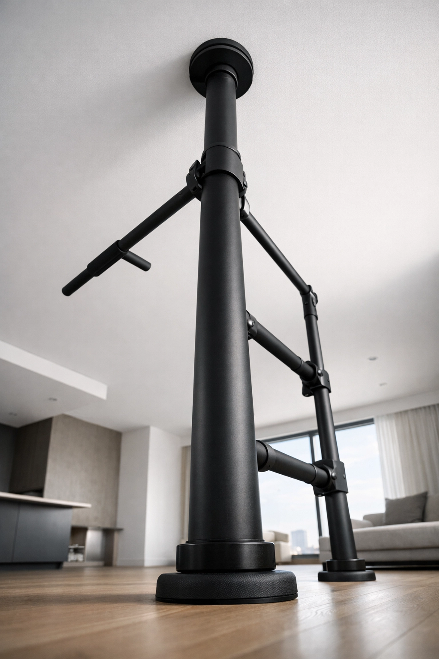 Floor-to-ceiling tension workout rail system in a modern home gym with no wall damage.