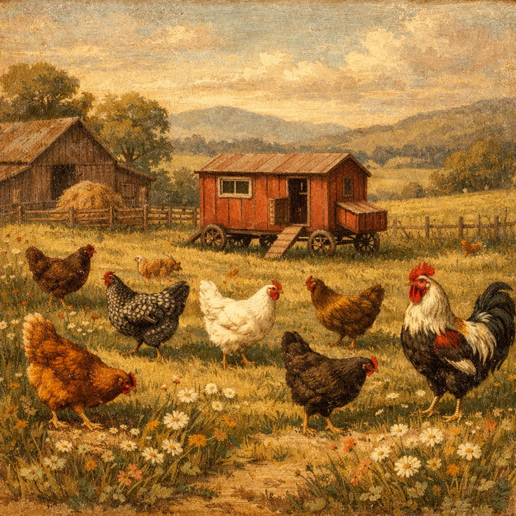 Heritage breed chickens roaming pasture at sustainable family farm