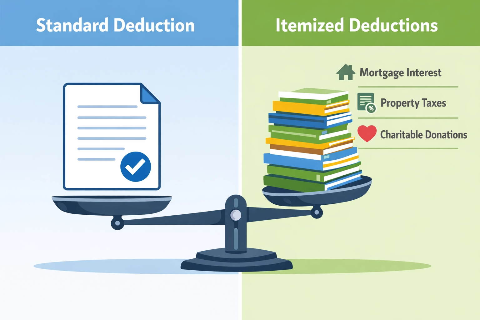 Visual comparison of standard deduction versus itemized tax deductions on a balance scale