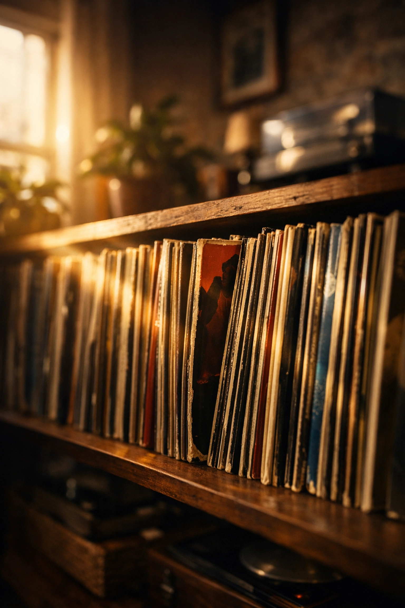 Vinyl records stored vertically in wooden shelving unit with natural lighting