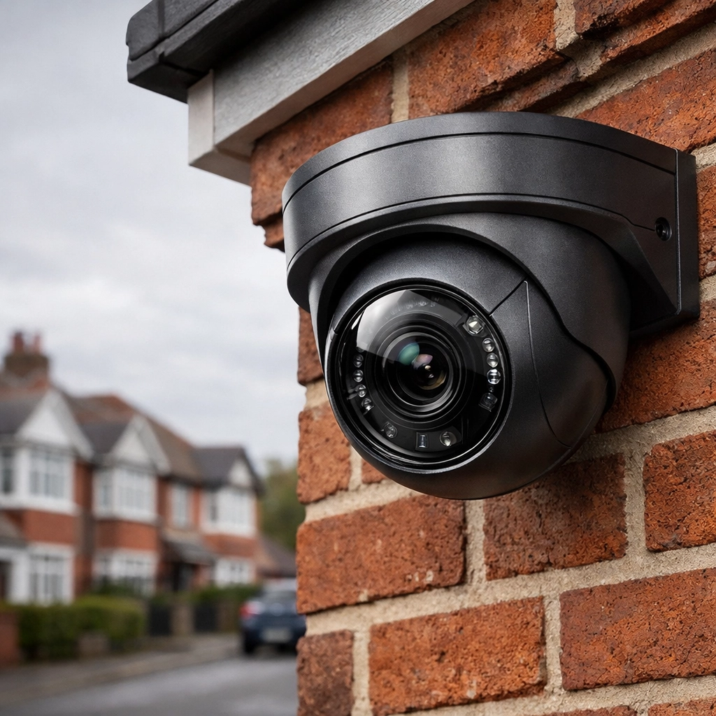 Professional dome CCTV camera mounted on a red-brick UK home providing subscription-free security.