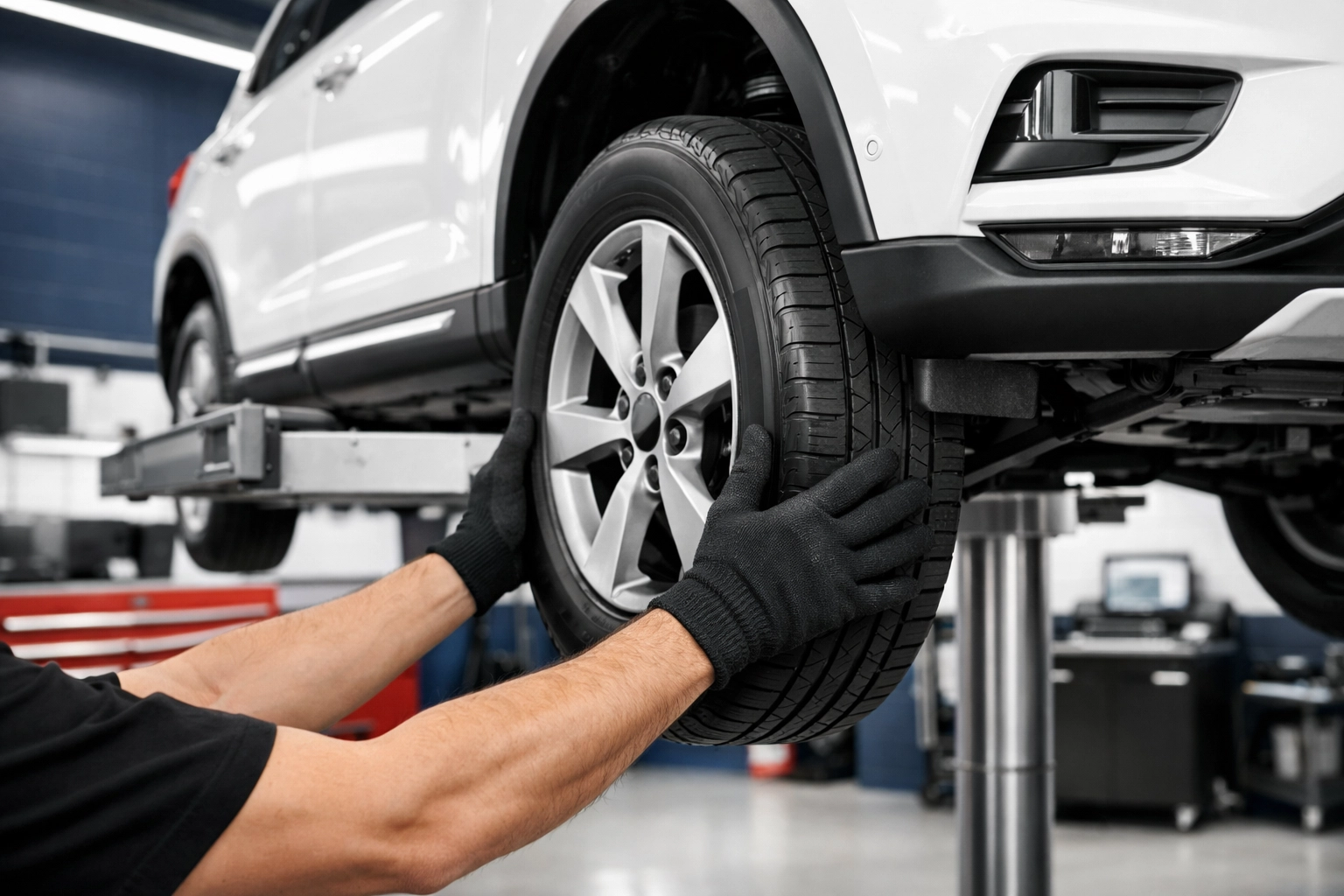 Mechanic performing a professional tire rotation in a modern Cameron, TX automotive service bay.