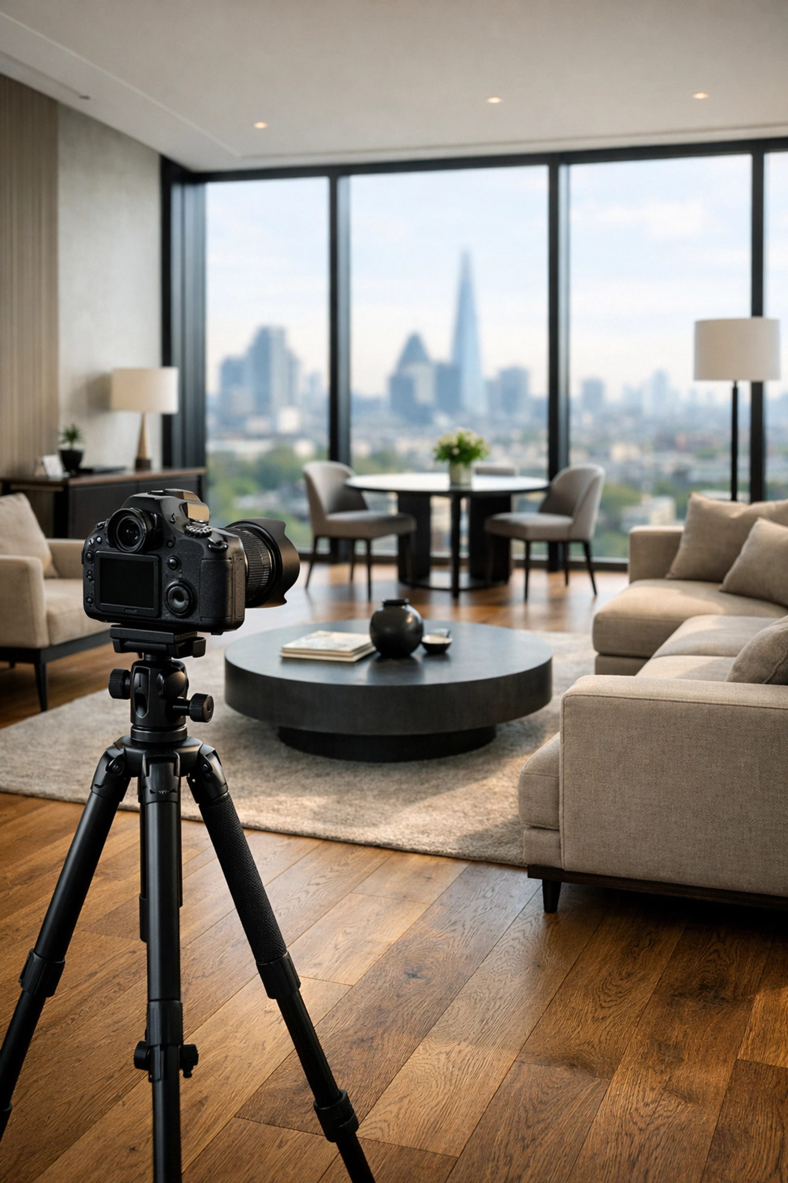 Professional camera setup in a luxury apartment for high-end London property investment marketing.