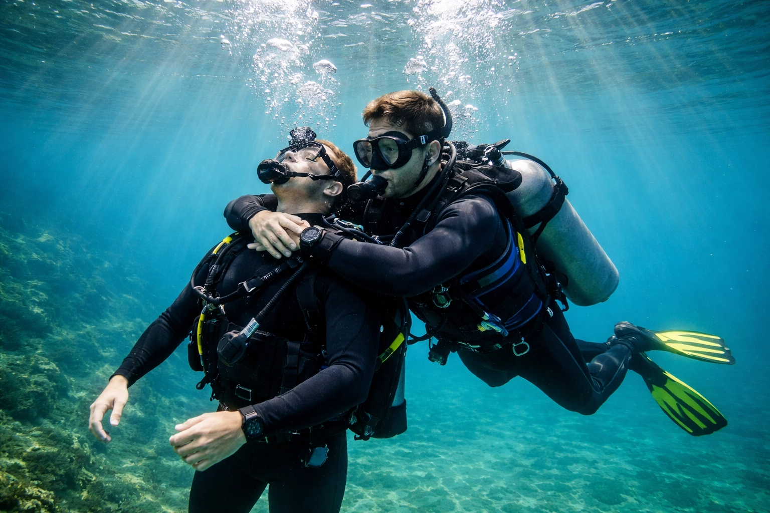 Unterwasseraufnahme eines Tauchers beim Rescue Training, demonstriert Rettungstechniken im klaren See