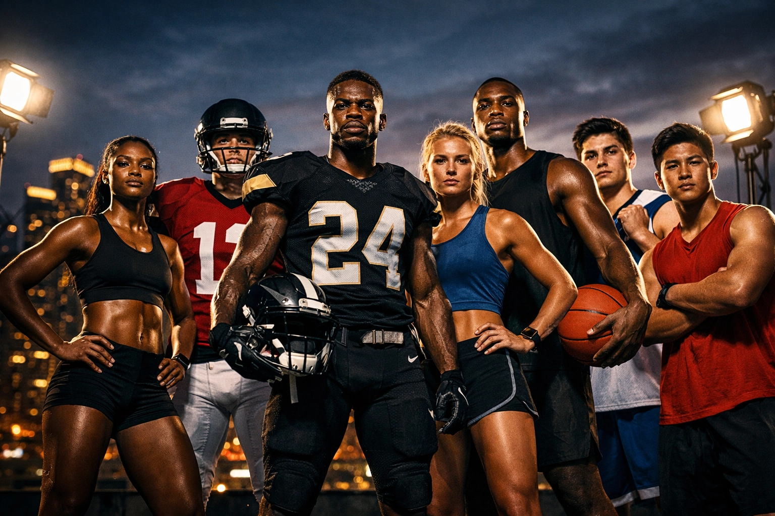 A diverse team of high-performance athletes standing together as the new voices of NIL innovation in sports media.