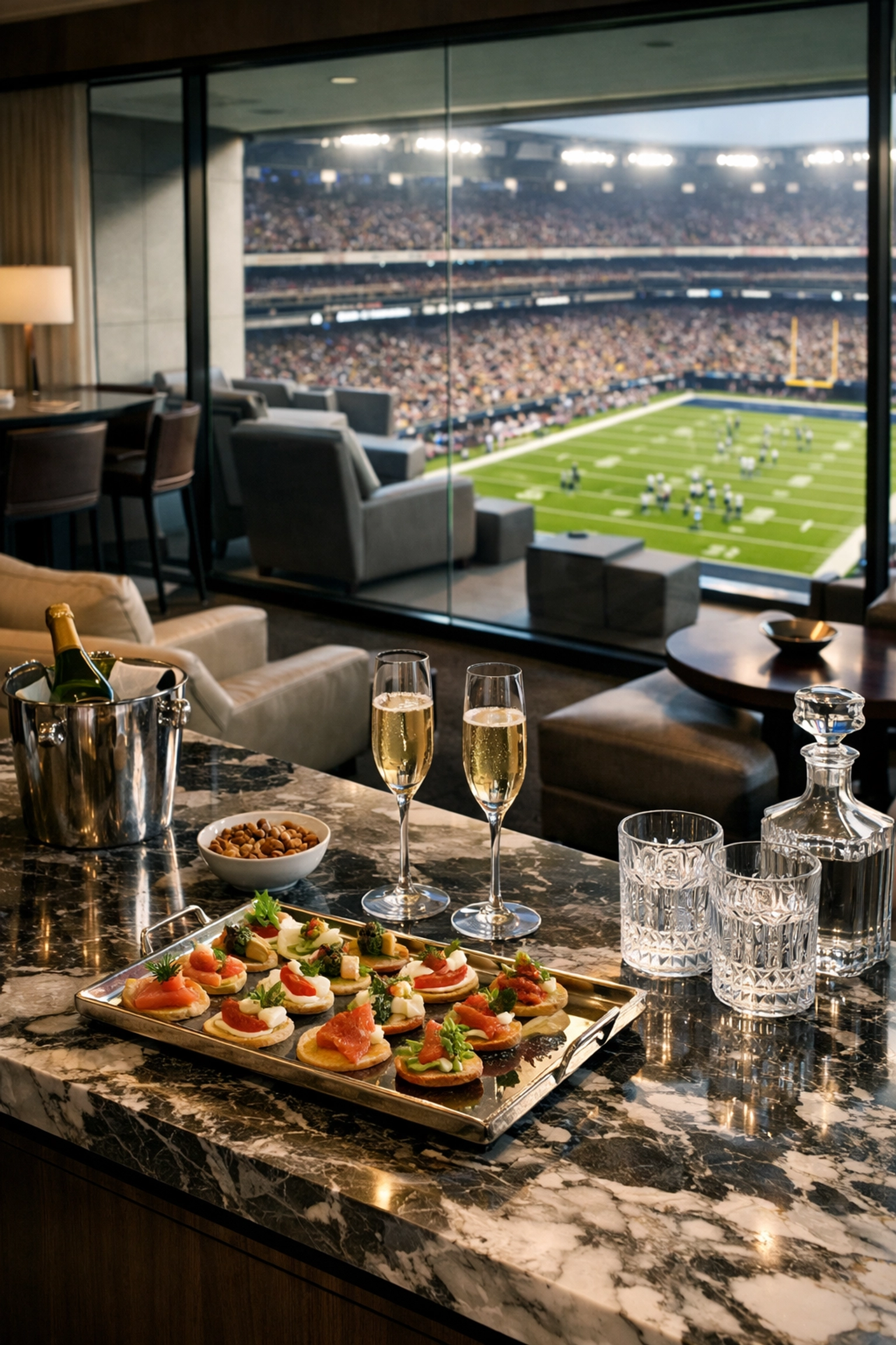 Premium Super Bowl executive suite with gourmet catering for corporate hospitality and networking.