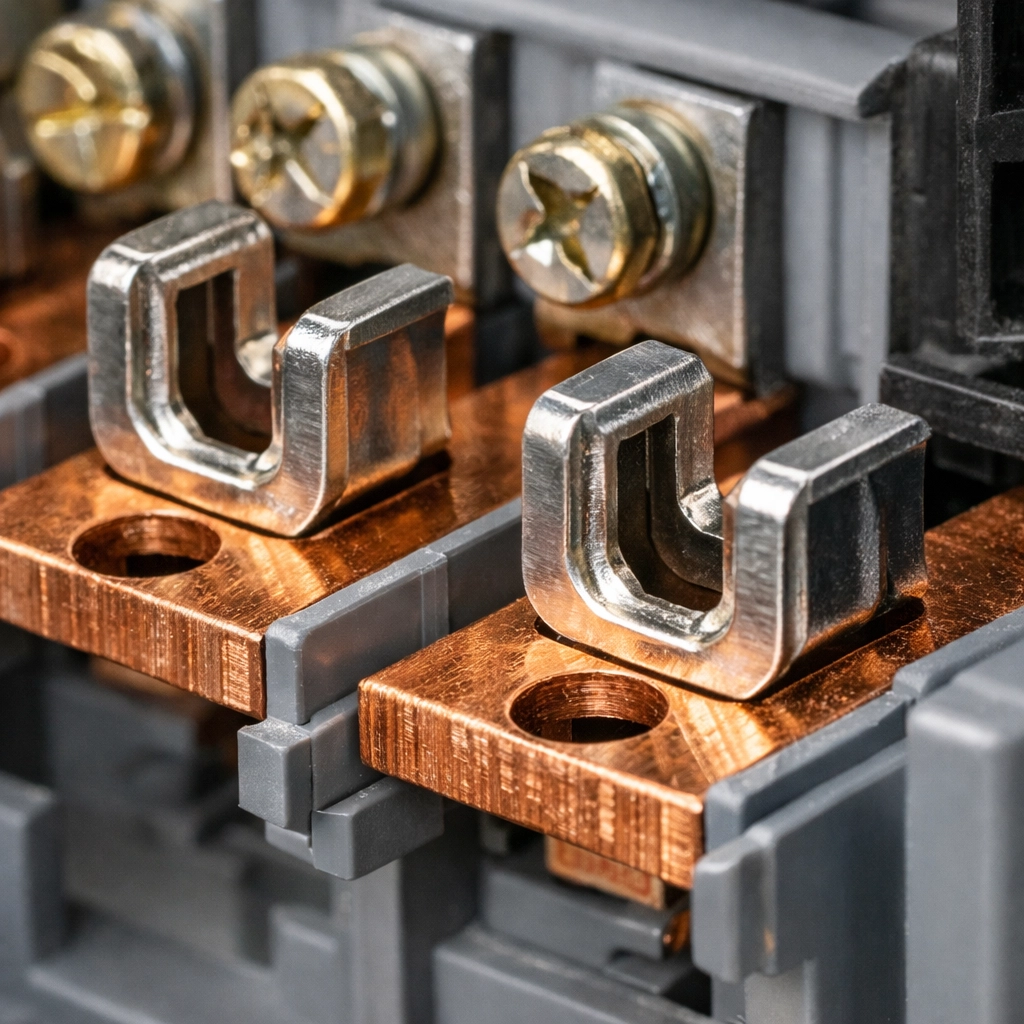 Close-up of copper bus bars and circuit breaker connections inside an electrical panel.
