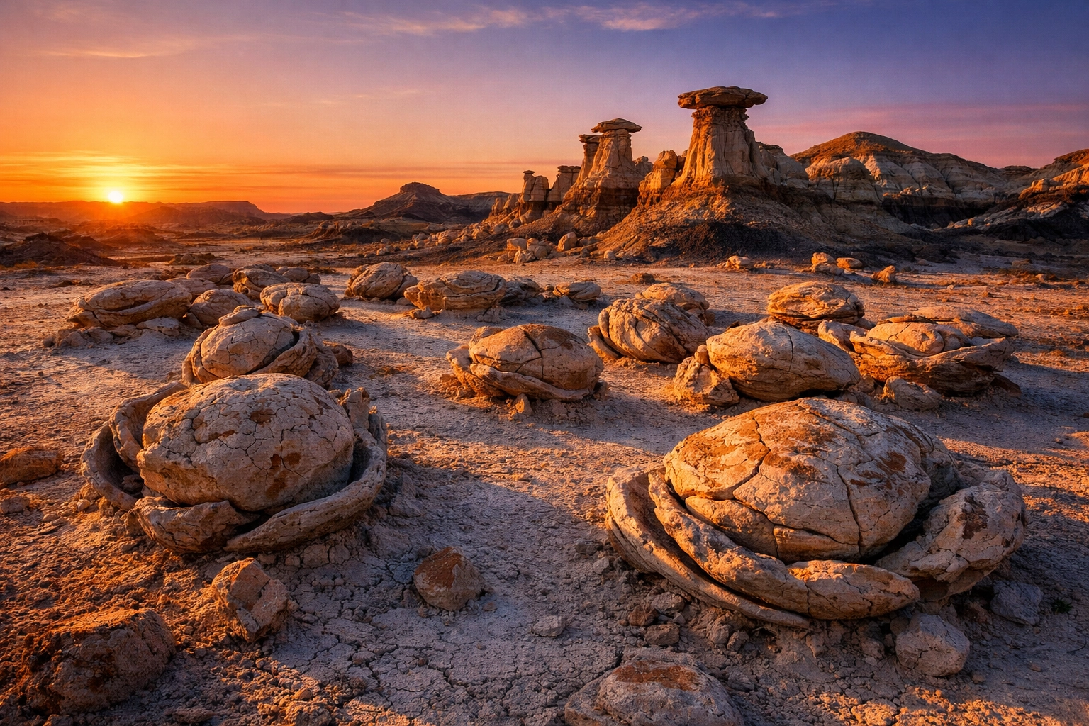 Sunset at Bisti Badlands, New Mexico, one of the best photography locations for desert rock formations.