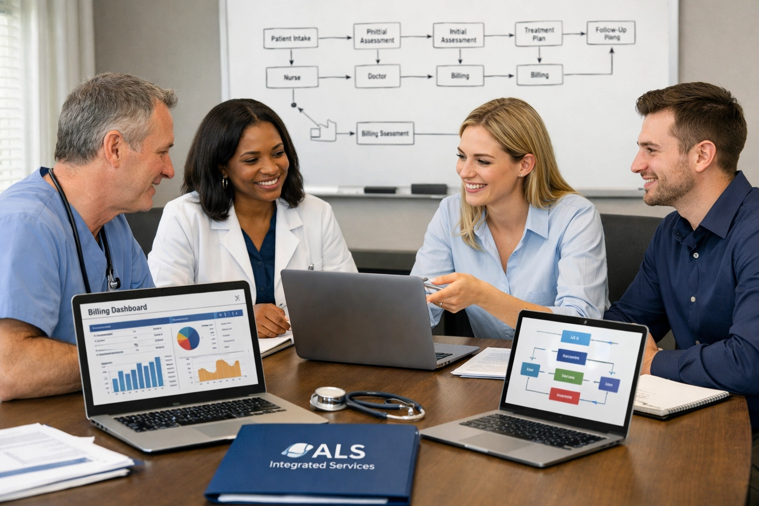 Medical billing team collaborating on workflow processes and claim management strategies