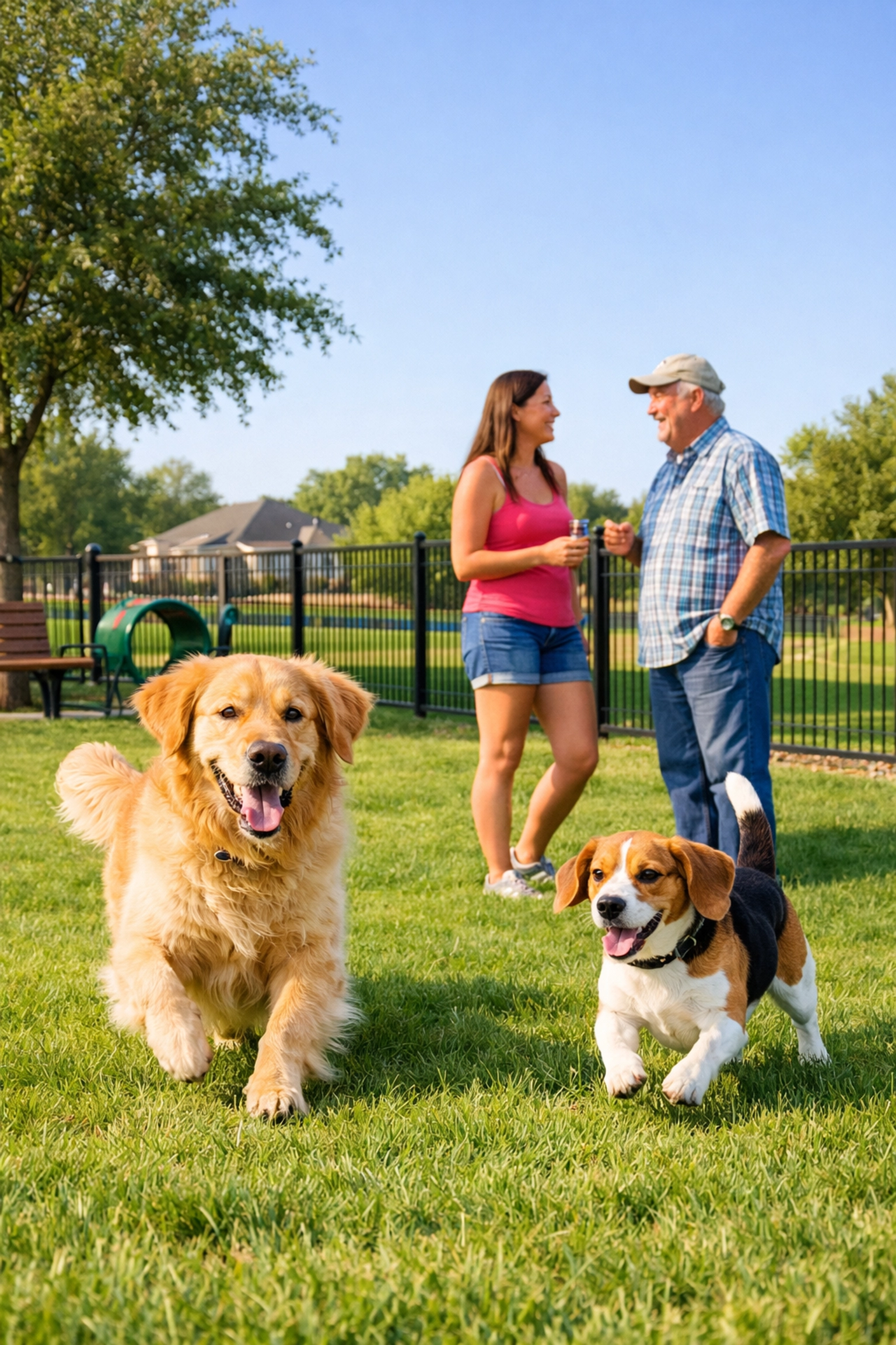 Neighbors enjoying a sunny morning with their dogs at the green community dog park in Terrell.