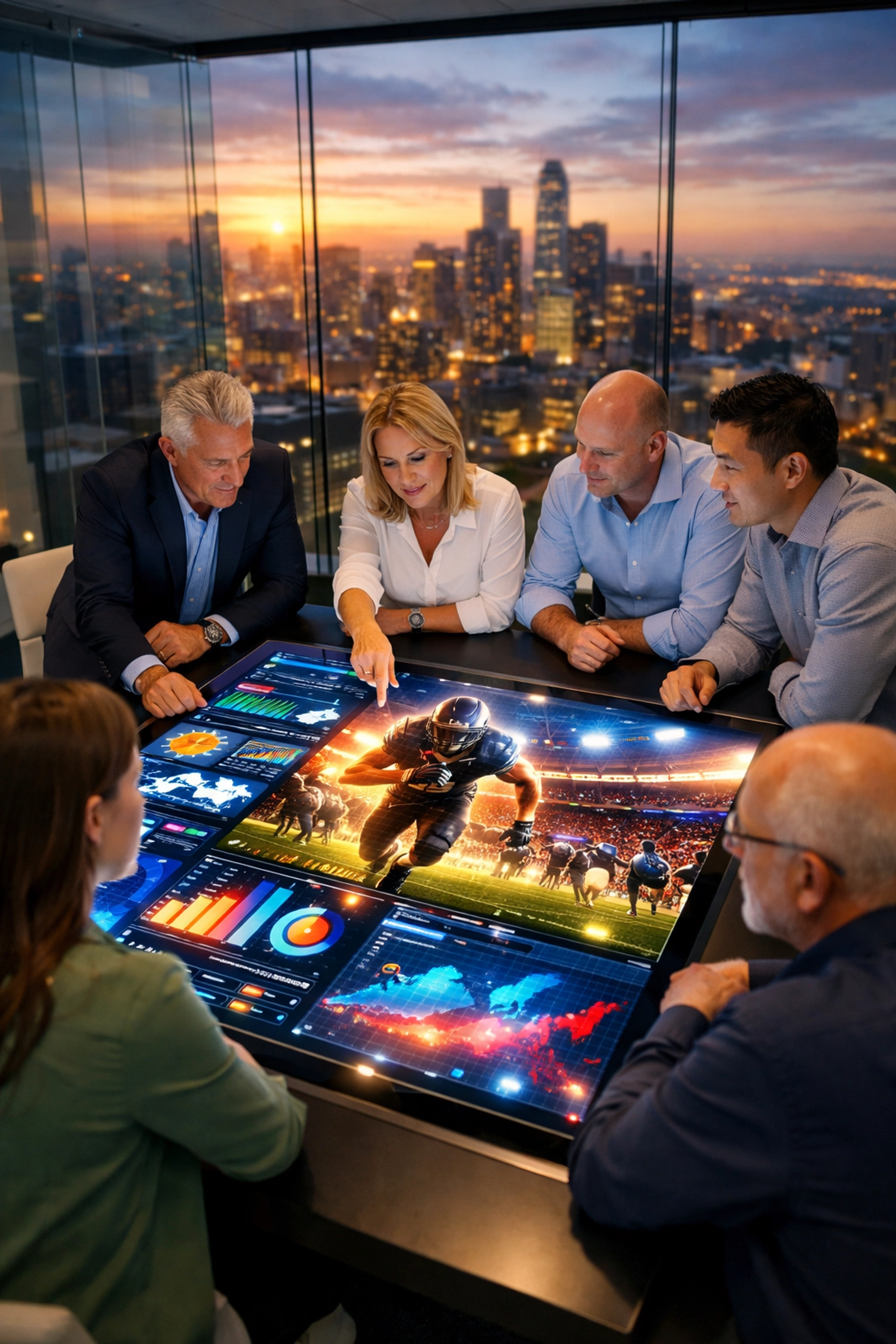 Corporate leadership team in a modern conference room planning a Super Bowl marketing strategy.