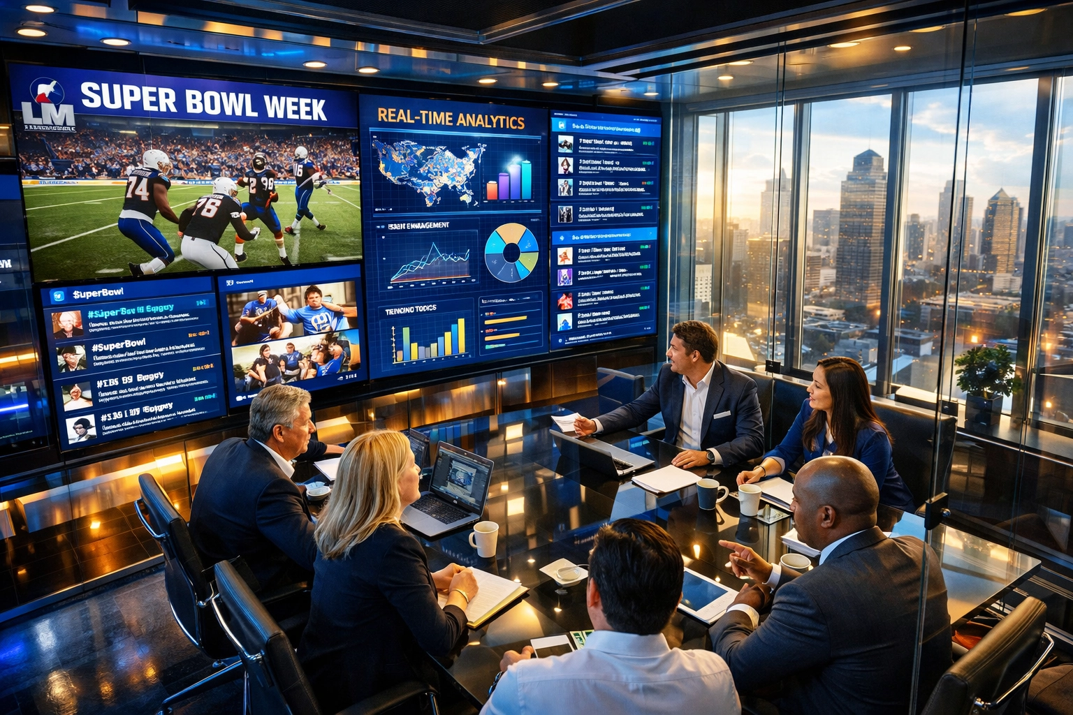 Corporate executives reviewing Super Bowl multi-channel marketing analytics in digital command center