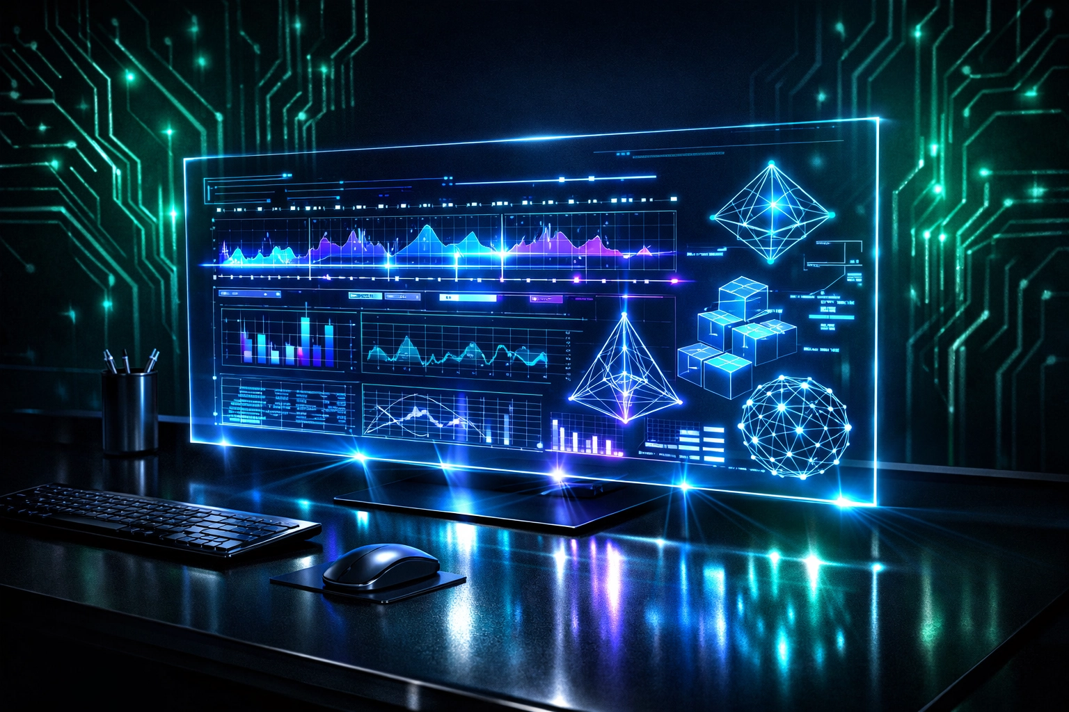 Futuristic holographic workstation showing an optimized study plan and data-driven organization for students.