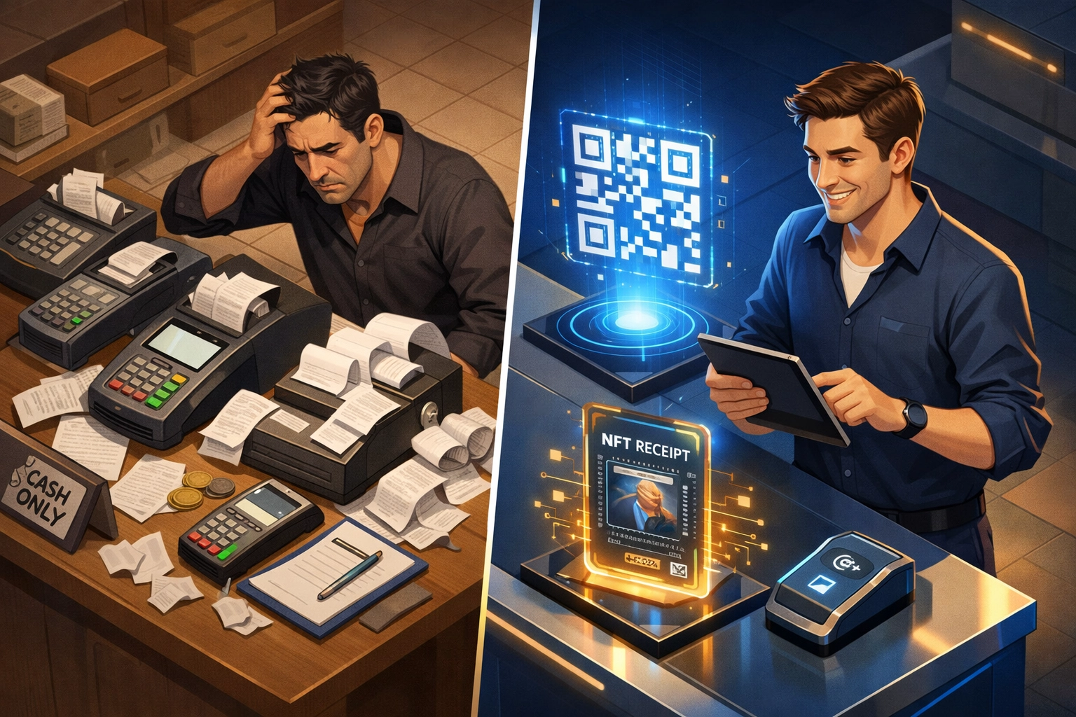 Comparison of traditional payment terminals vs modern crypto QR code payment system with NFT receipts