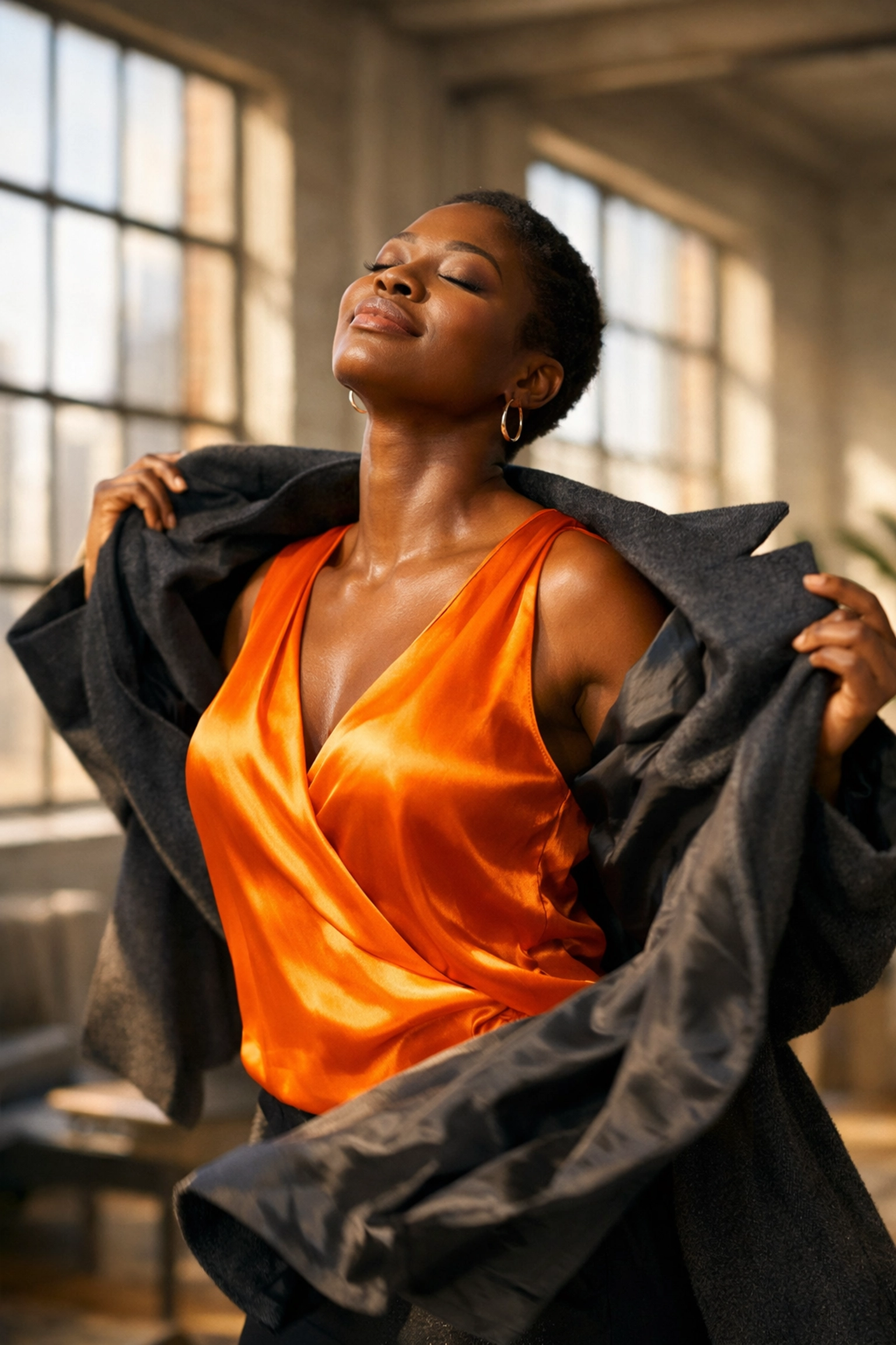Empowered Black woman shedding a dark coat to reveal a bright blouse, symbolizing healing from trauma.