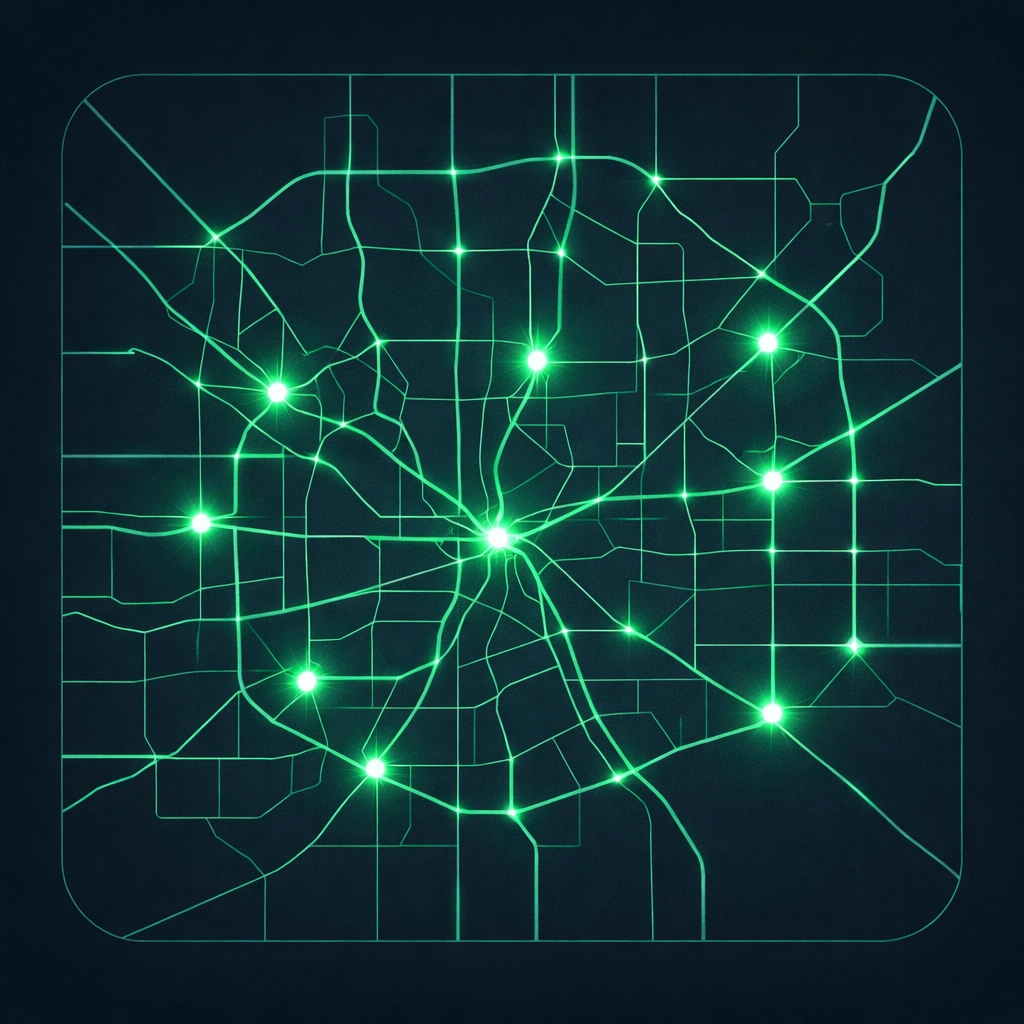 Digital GPS dispatch map for long distance towing near me in the Dallas-Fort Worth area.