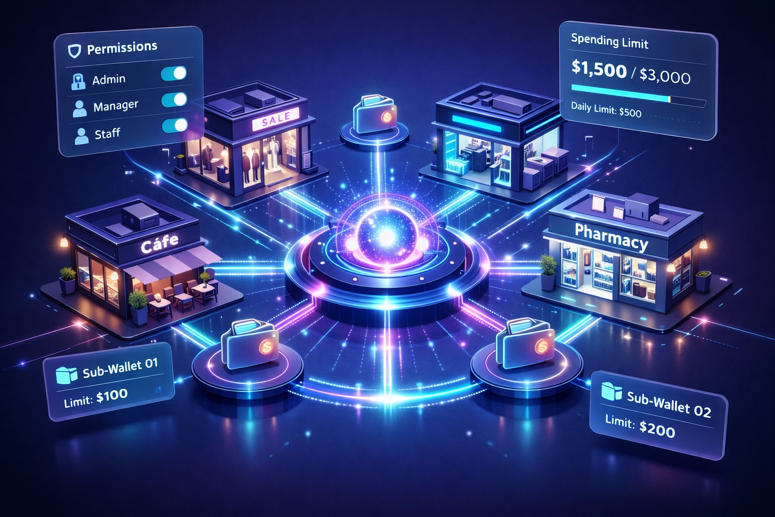 Enterprise master wallet system with connected sub-wallets for multi-location retail crypto payment management