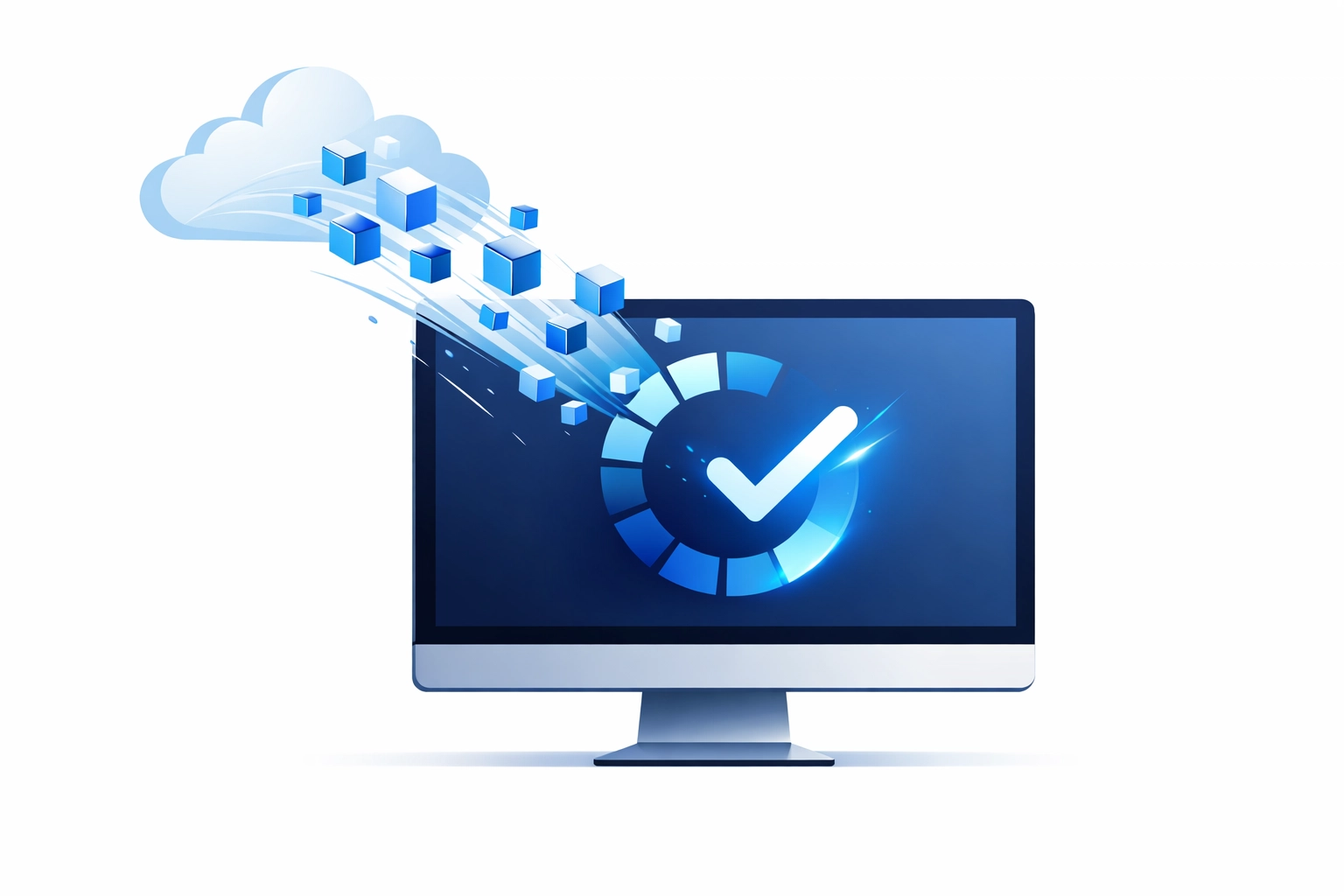 Computer monitor showing rapid data restoration from a cloud backup to a business network.