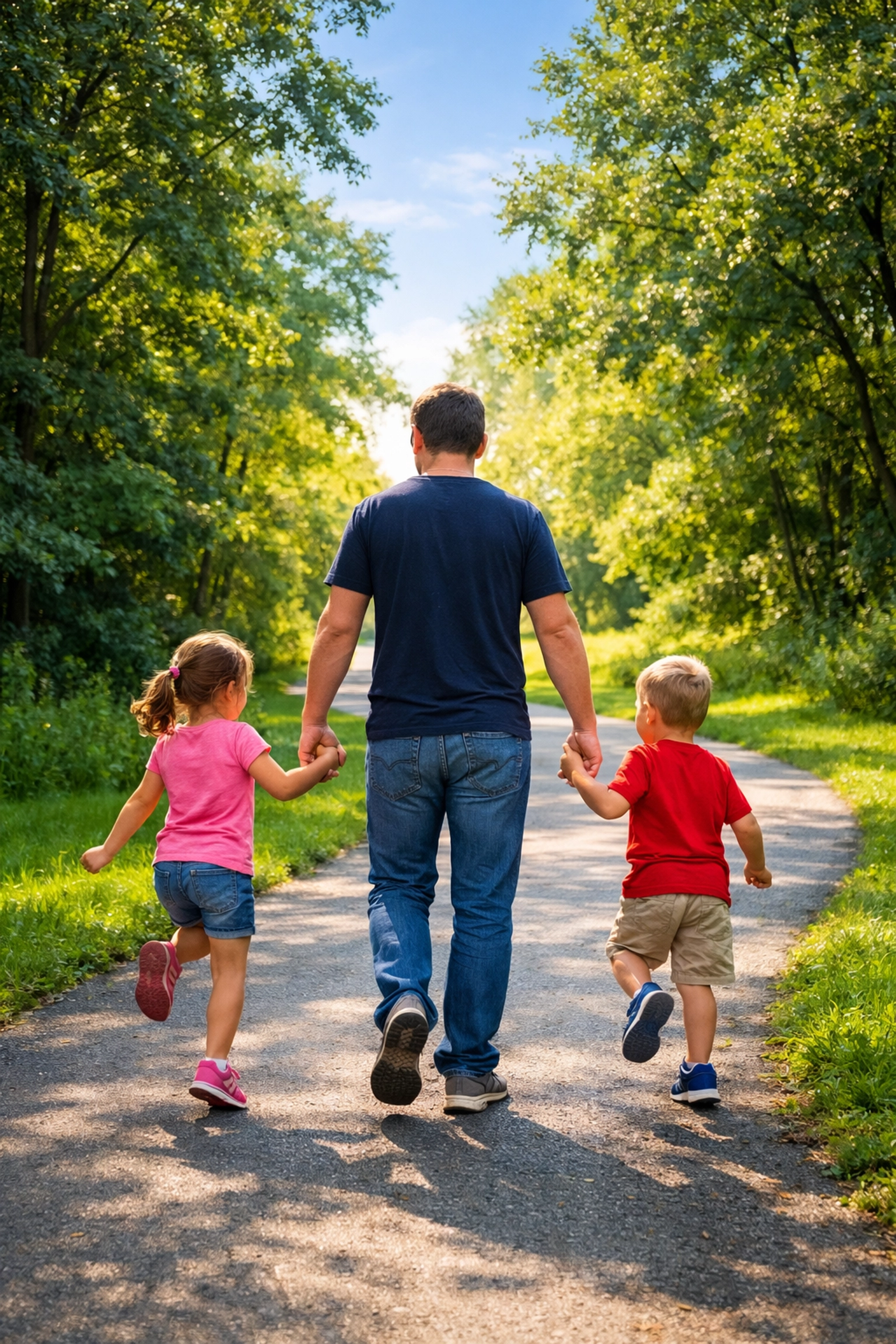A father walking with his children toward the light, choosing endurance and faith while walking with God.