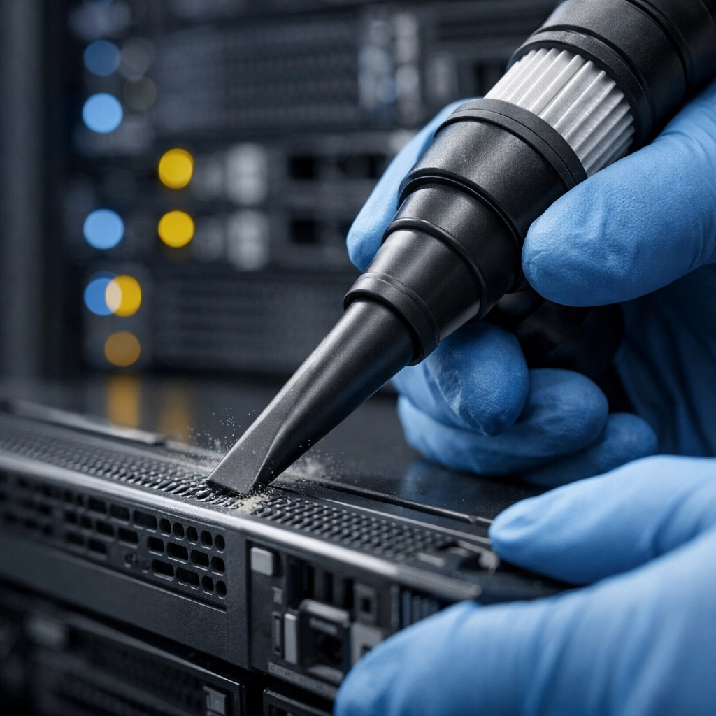 Precision cleaning of server equipment using a HEPA filter vacuum in a sensitive data center.