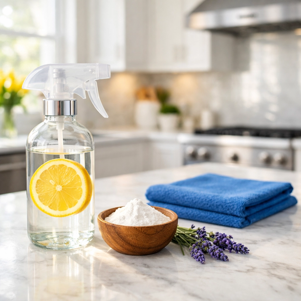 Natural plant-based ingredients for house cleaning Cambridge MA on a polished kitchen countertop.