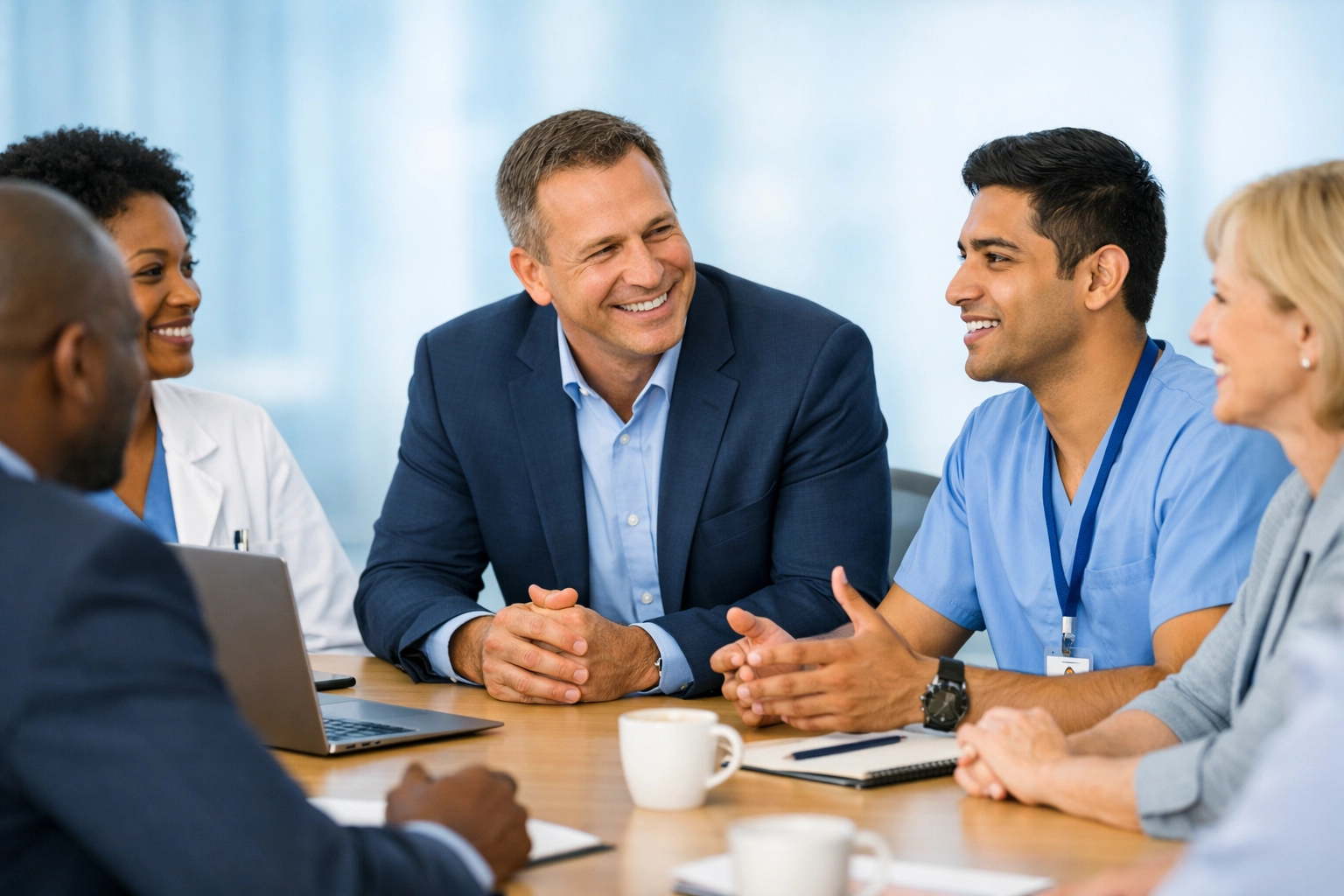 Diverse healthcare leadership team collaborating in a meeting to foster a speak-up culture and psychological safety.