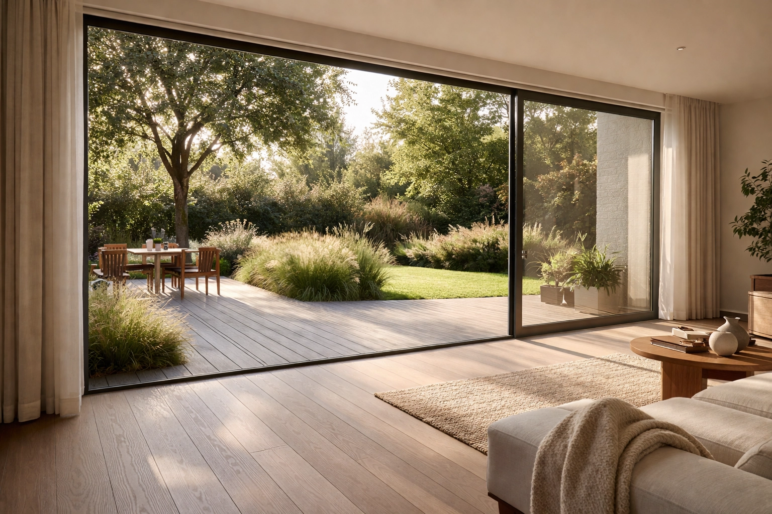 Contemporary home extension with level threshold and floor-to-ceiling windows overlooking garden