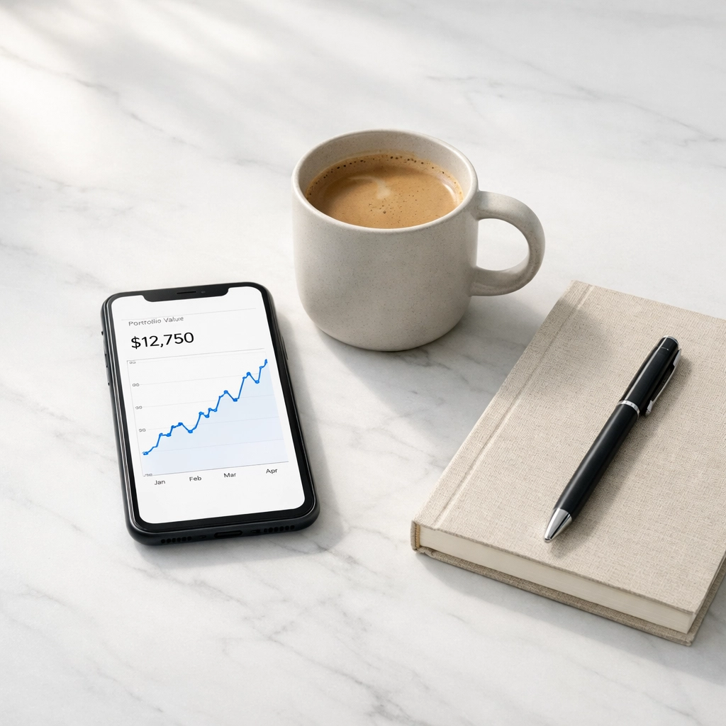 Minimalist desk with a smartphone showing a financial graph, symbolizing clarity and financial literacy.