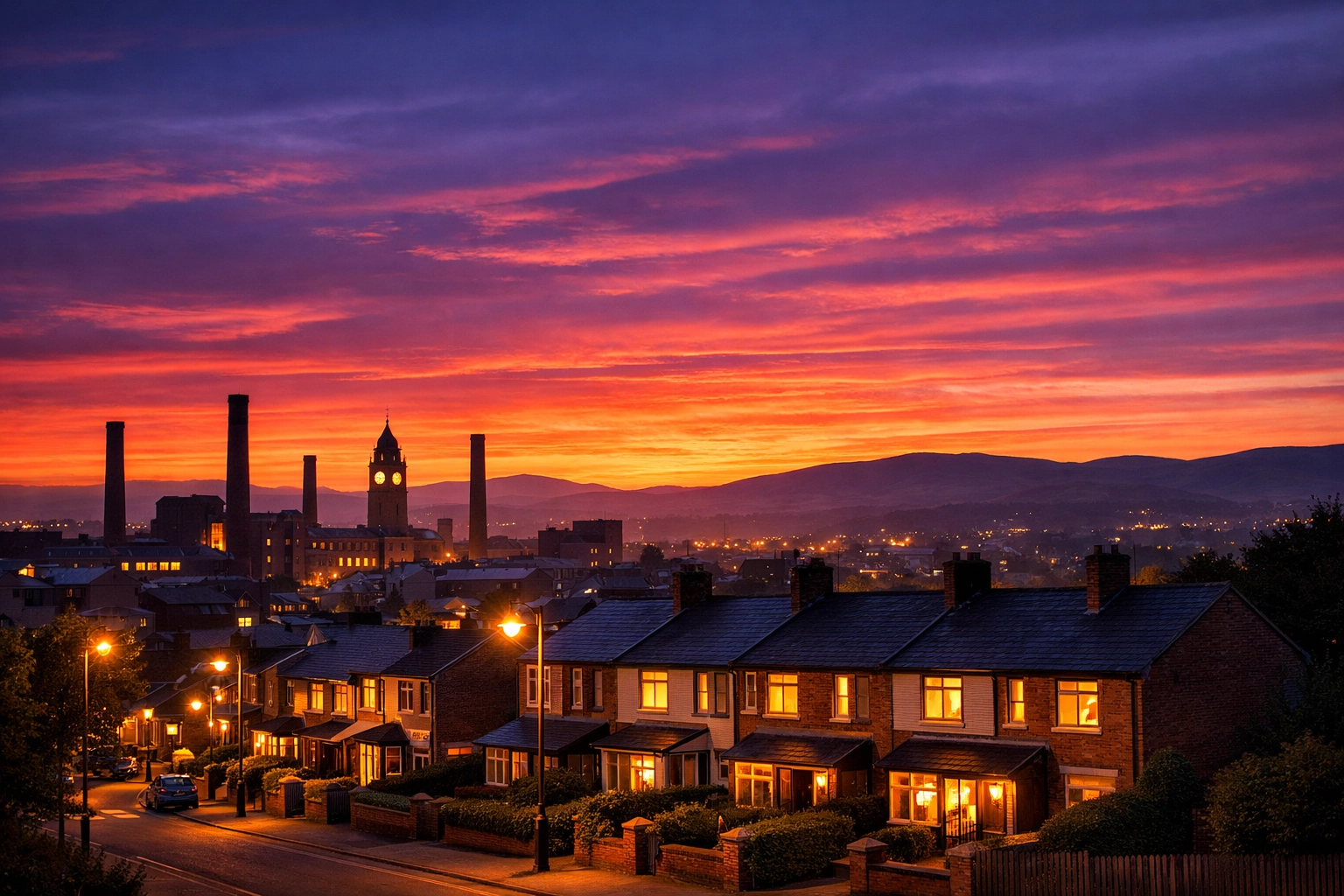 Scenic twilight view of an Oldham street with semi-detached houses under the silhouette of local mill chimneys.