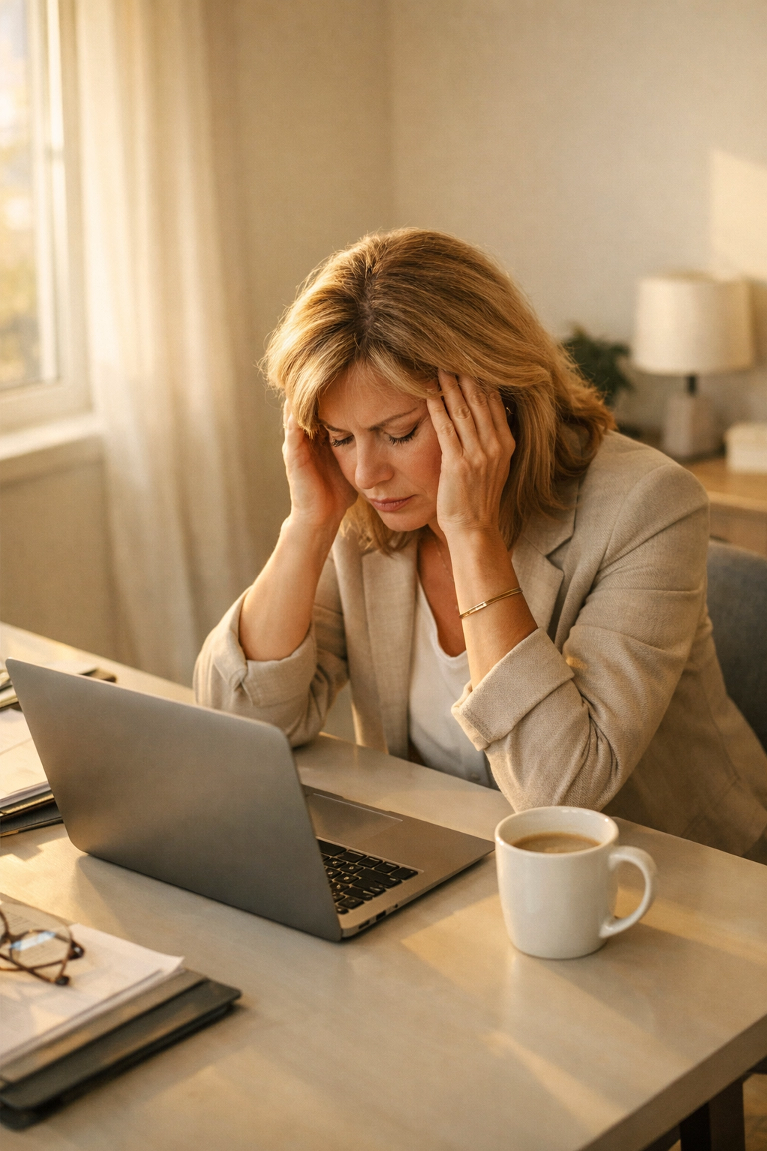 Exhausted professional woman with perimenopause fatigue at her desk struggling with work burnout