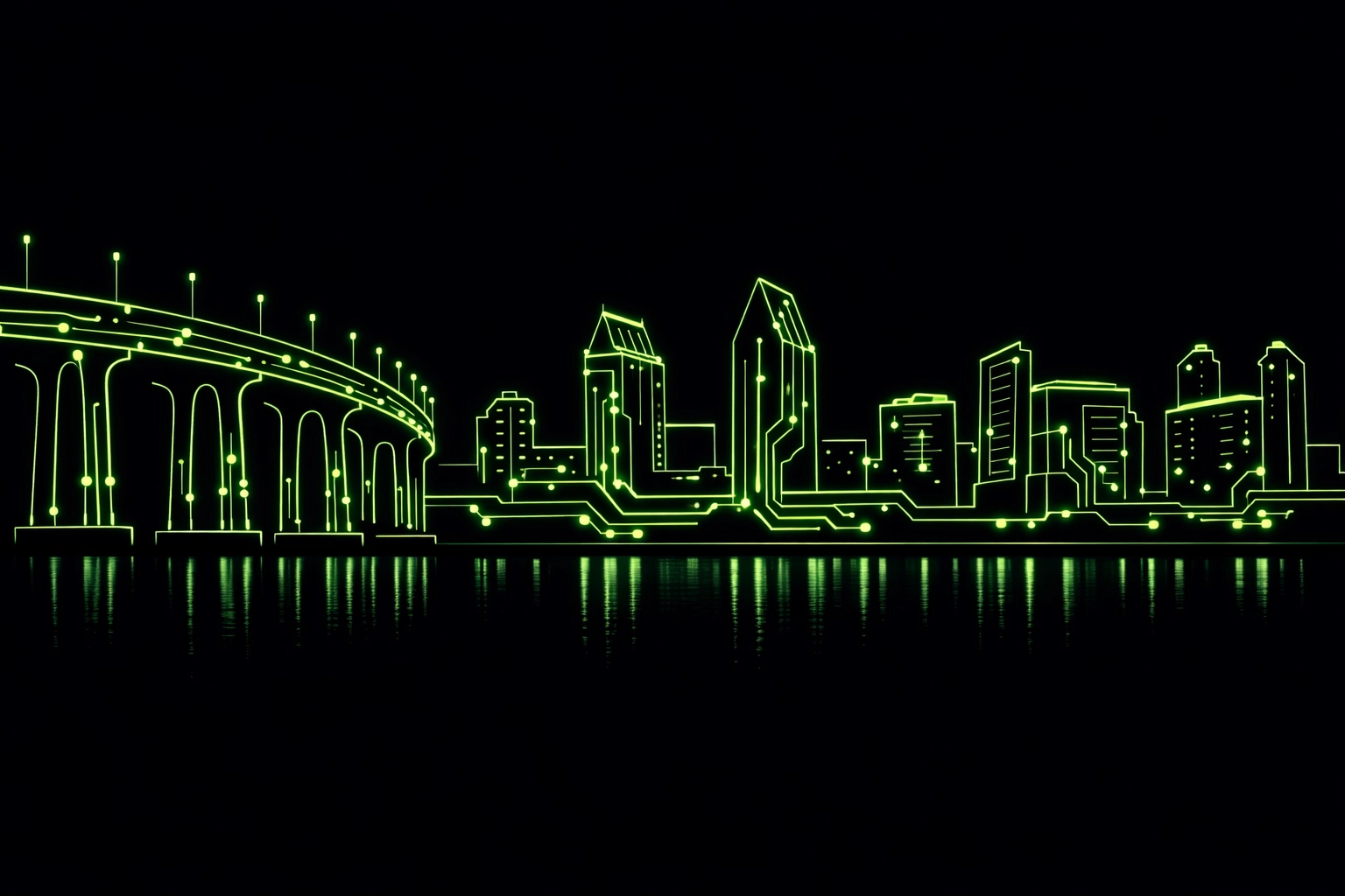 San Diego skyline with neon electrical circuit lines showing local market reach for electricians.