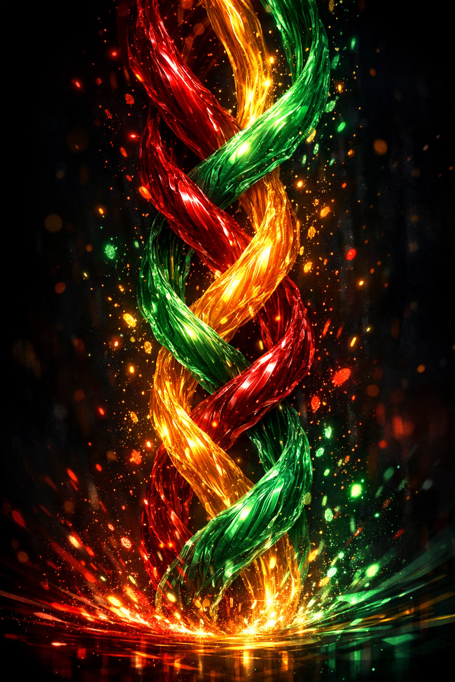 Abstract red, gold, and green energy streams spiraling together to visualize the pulse of world music.
