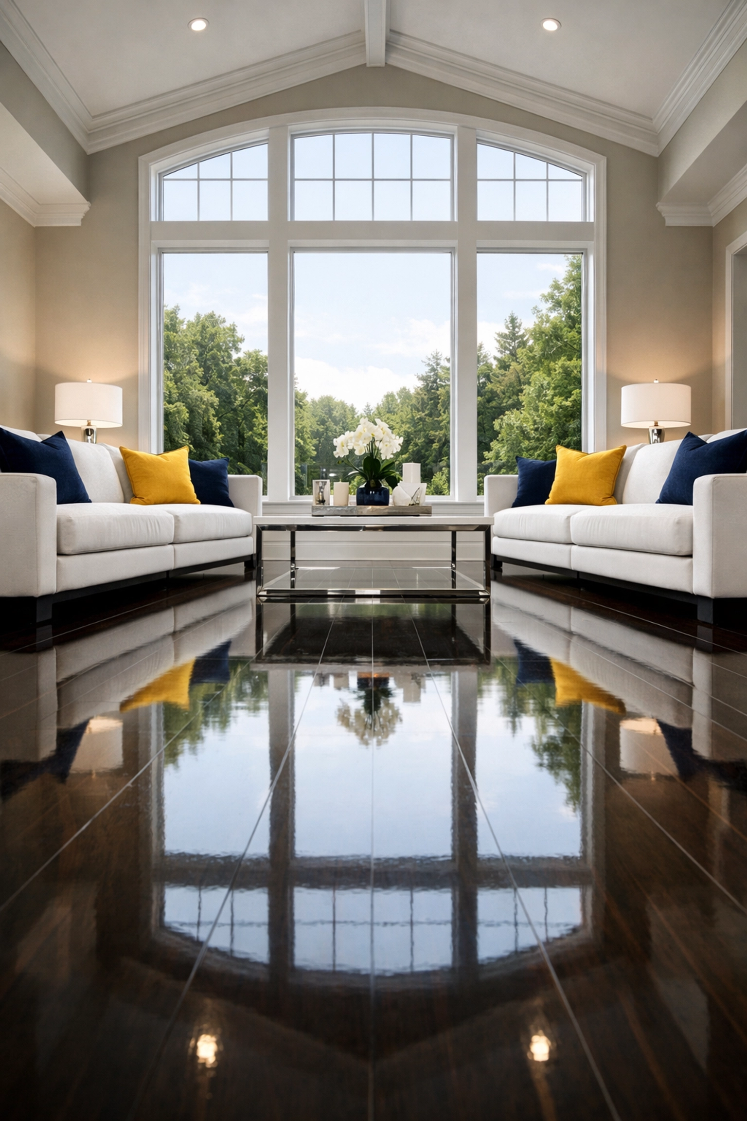 Immaculate living room with polished hardwood floors from Professional House Cleaning in Lunenburg, MA.